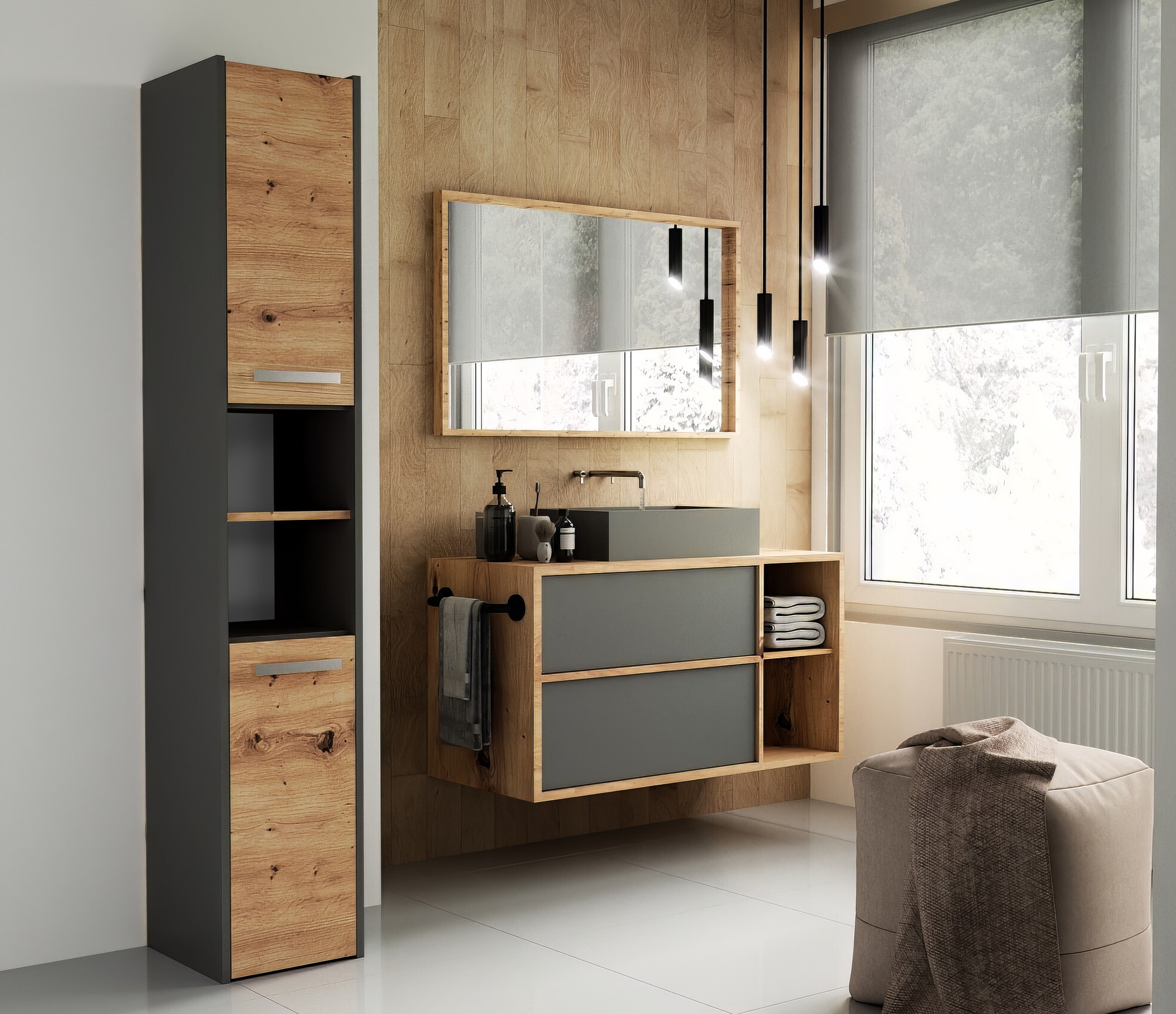 Όρθιο ντουλάπι μπάνιου Mandeville 248 (Ανθρακί + Artisan βελανιδιά)