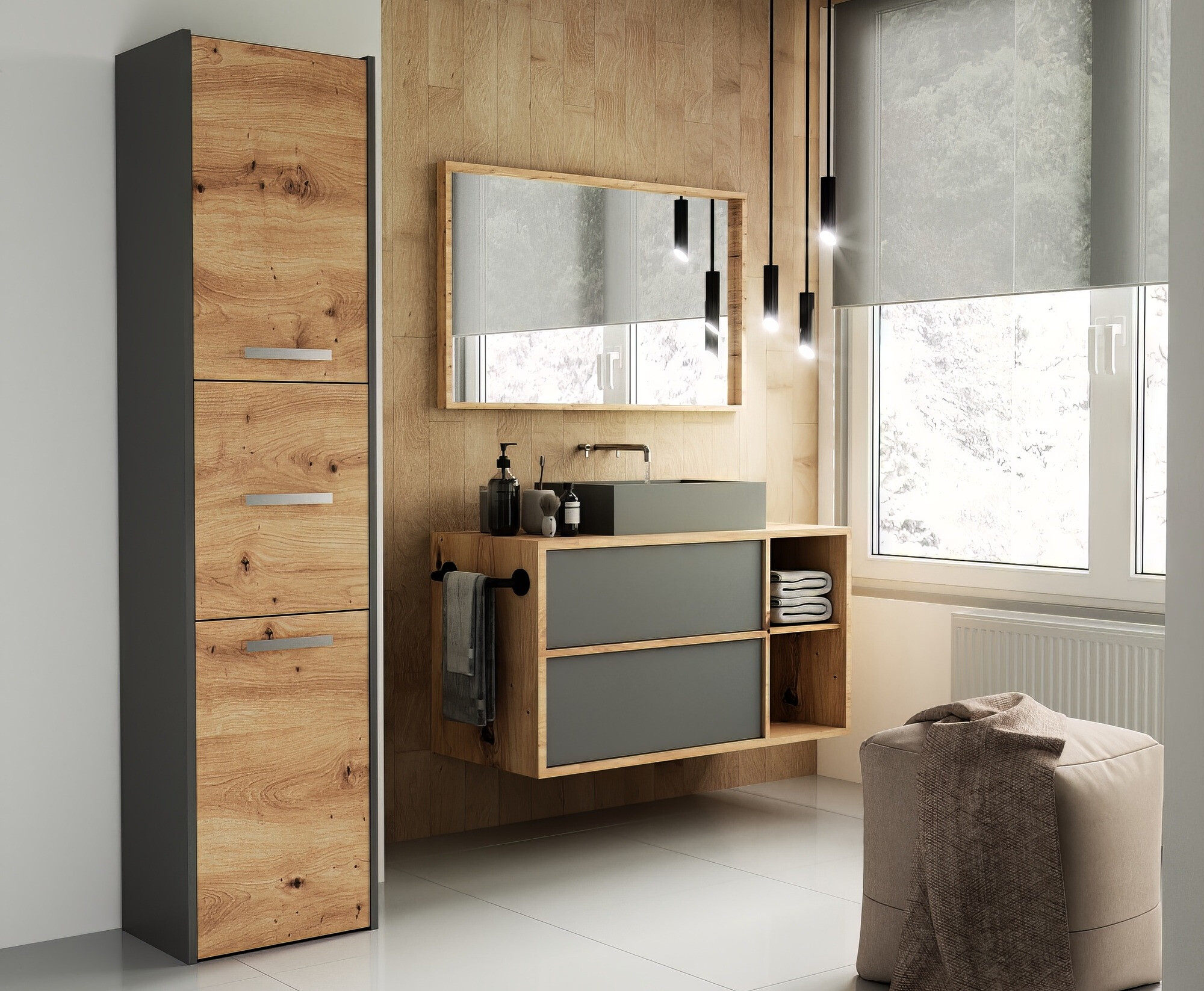 Όρθιο ντουλάπι μπάνιου Mandeville 251 (Ανθρακί + Artisan βελανιδιά)