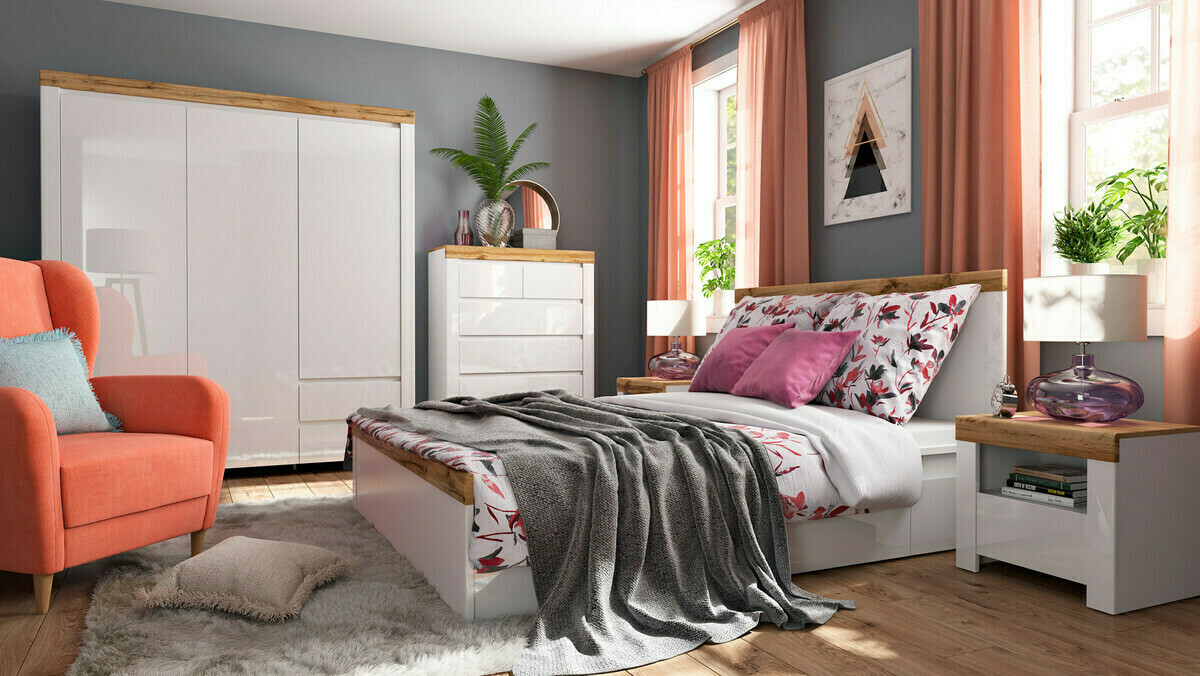 Bedside table Sonsoru 113 (White + Glossy white + Wotan Oak)
