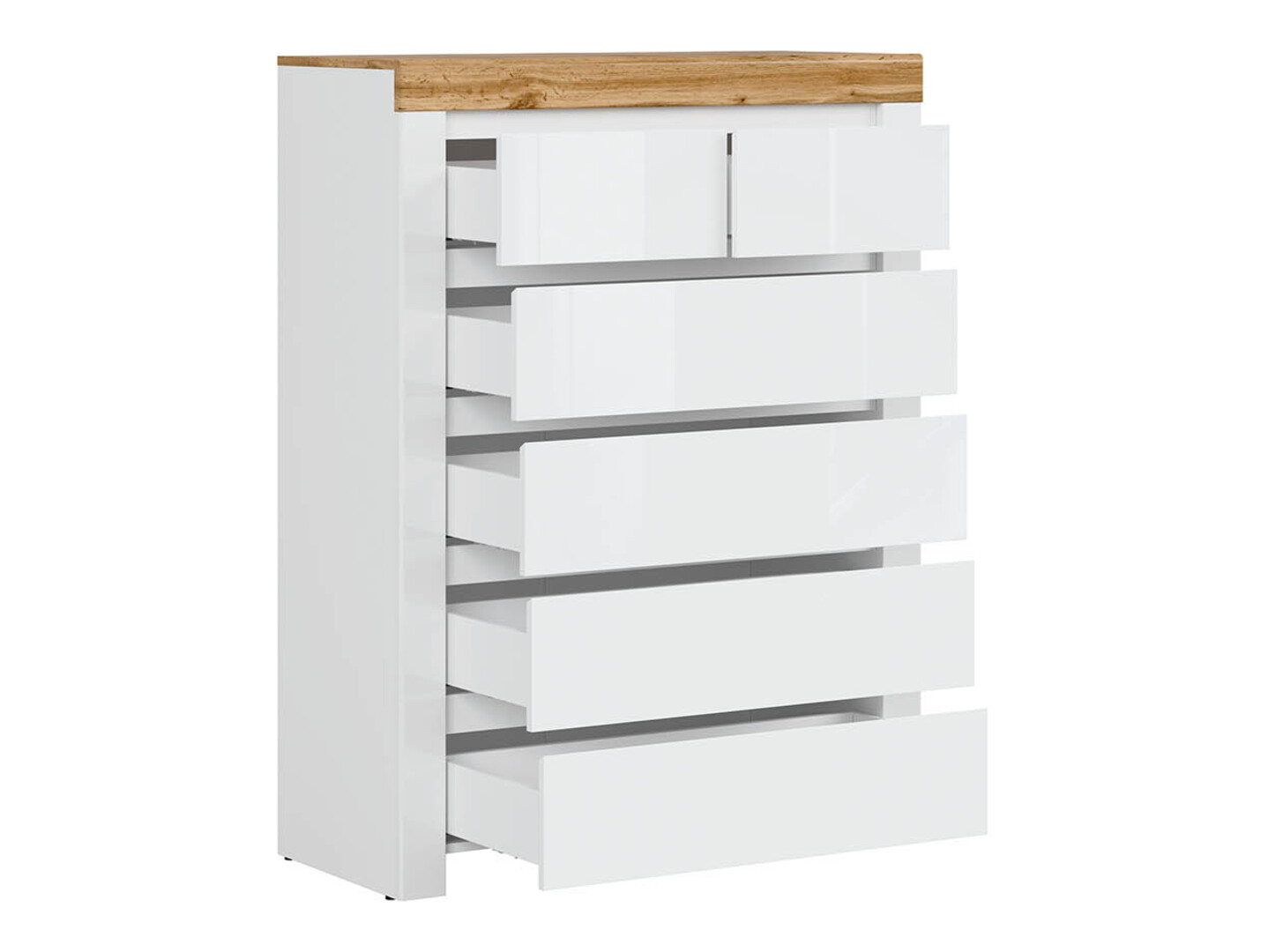 Chest of drawers Sonsoru 114 (White + Glossy white + Wotan Oak)