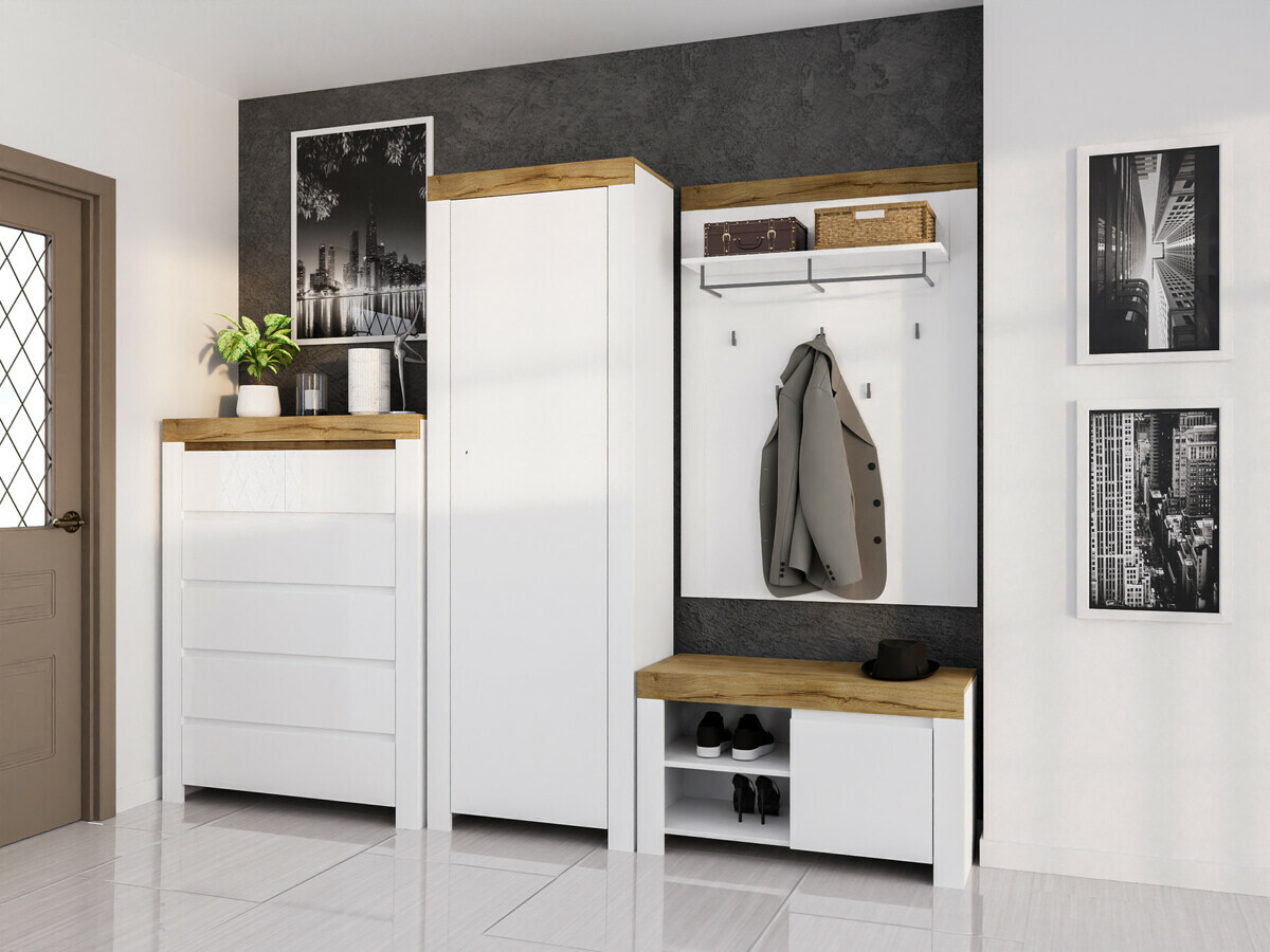 Chest of drawers Sonsoru 114 (White + Glossy white + Wotan Oak)