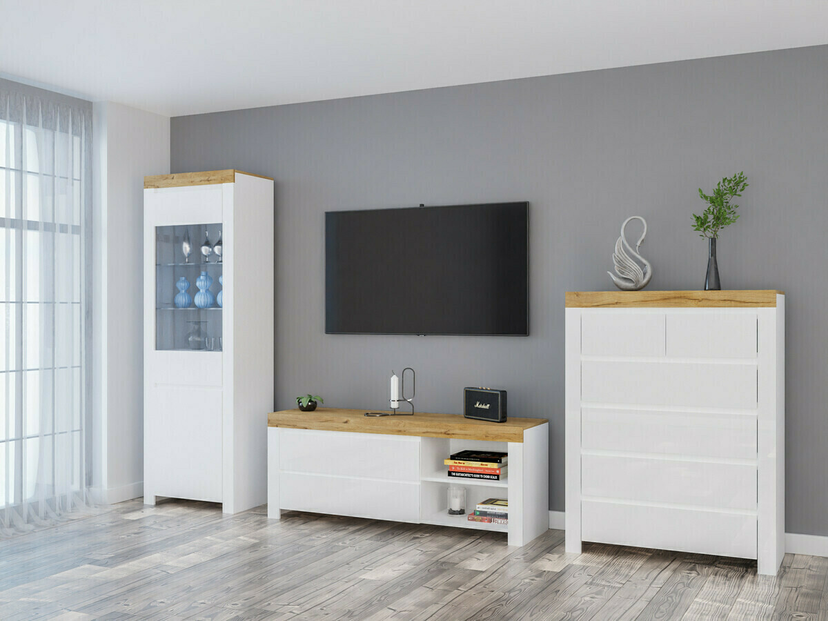 Chest of drawers Sonsoru 114 (White + Glossy white + Wotan Oak)