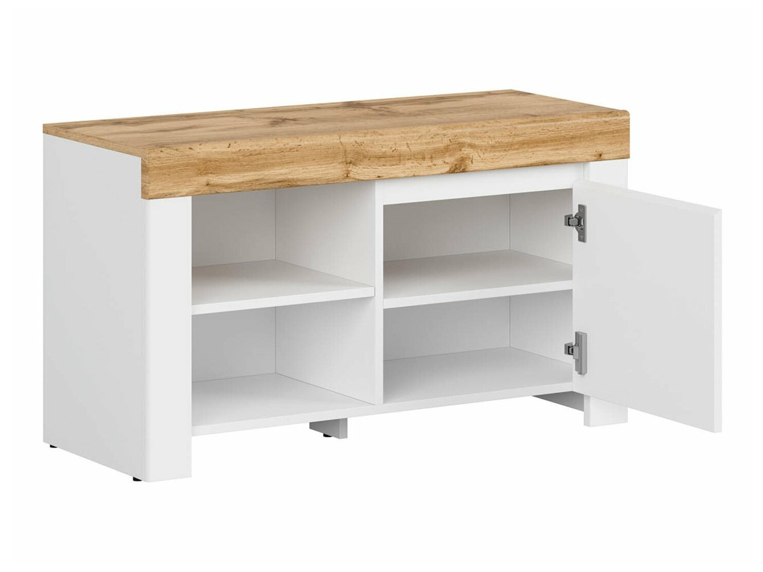 Shoe cabinet Sonsoru 118 (White + Glossy white + Wotan Oak)
