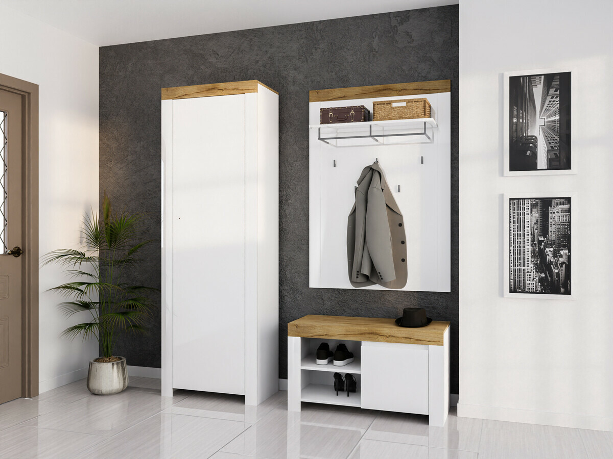 Shoe cabinet Sonsoru 118 (White + Glossy white + Wotan Oak)