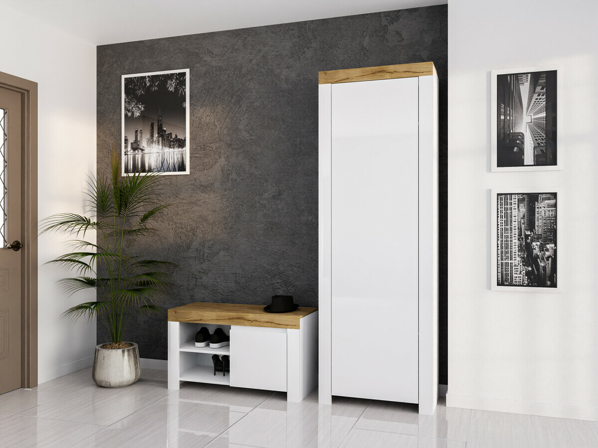 Shoe cabinet Sonsoru 118 (White + Glossy white + Wotan Oak)