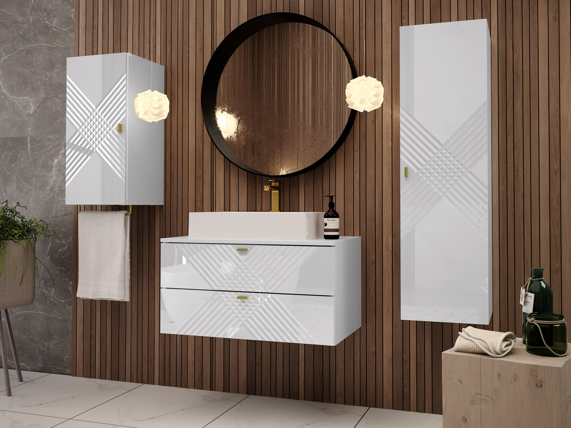 Wall-mounted bathroom cabinet Natar (White + Glossy white)