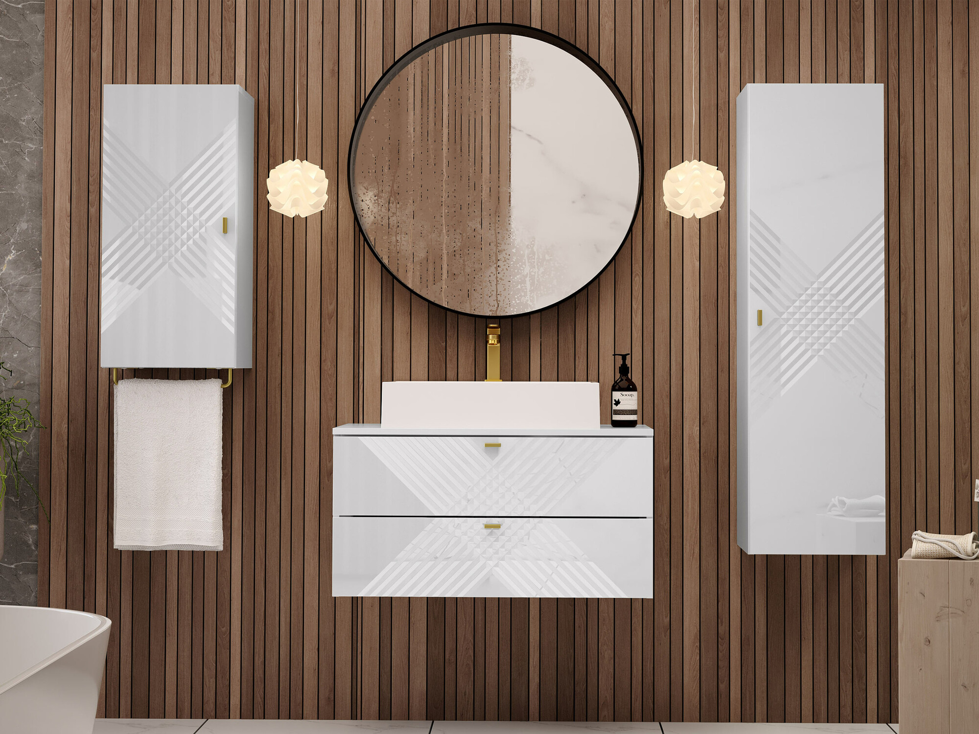 Wall-mounted bathroom cabinet Natar (White + Glossy white)