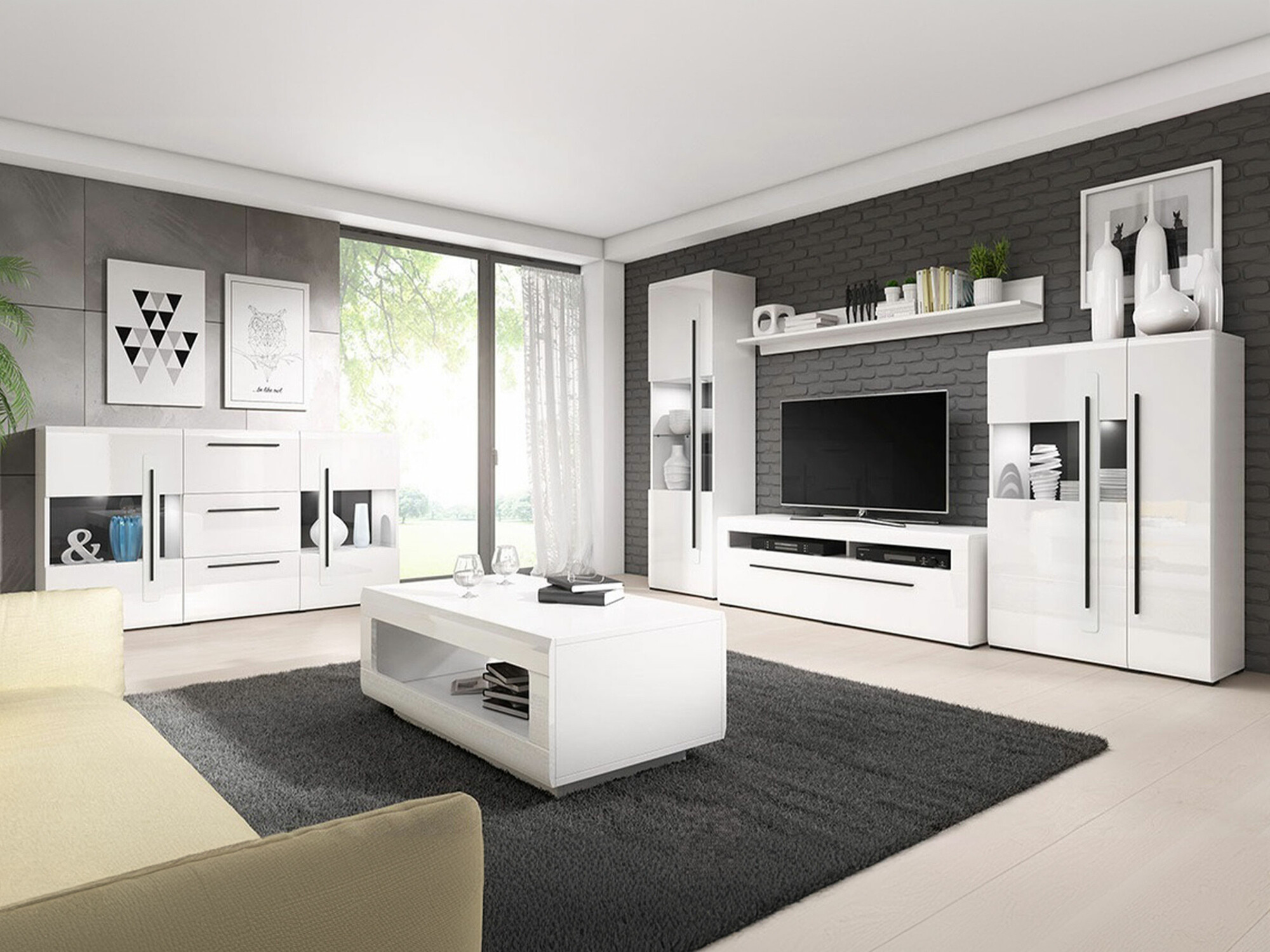 Σετ επίπλων σαλονιού Ophsalu 112 (Άσπρο + Γυαλιστερό λευκό)