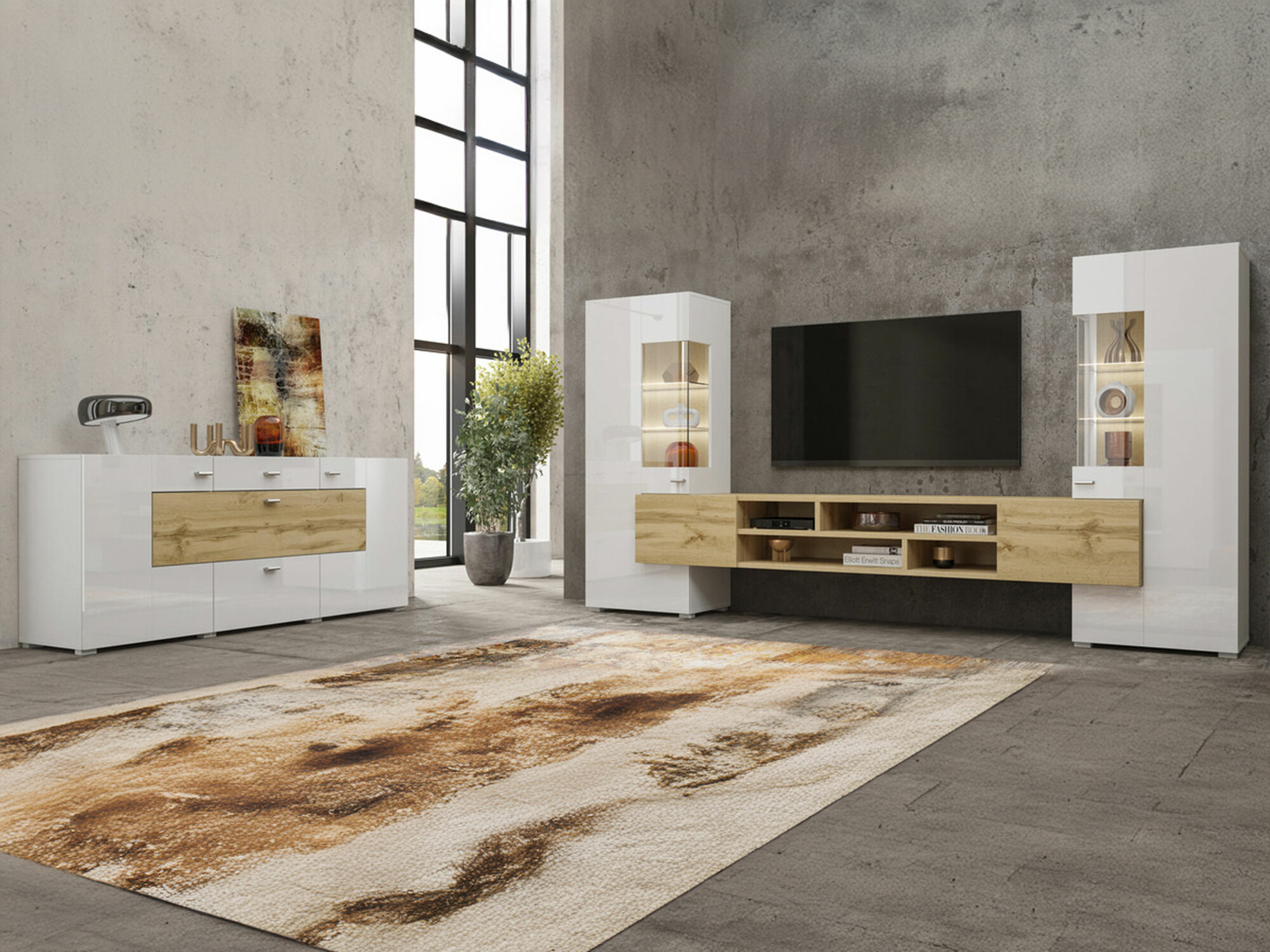 Σετ επίπλων σαλονιού Mondalo 105 (Δρυς wotan + Γυαλιστερό λευκό)