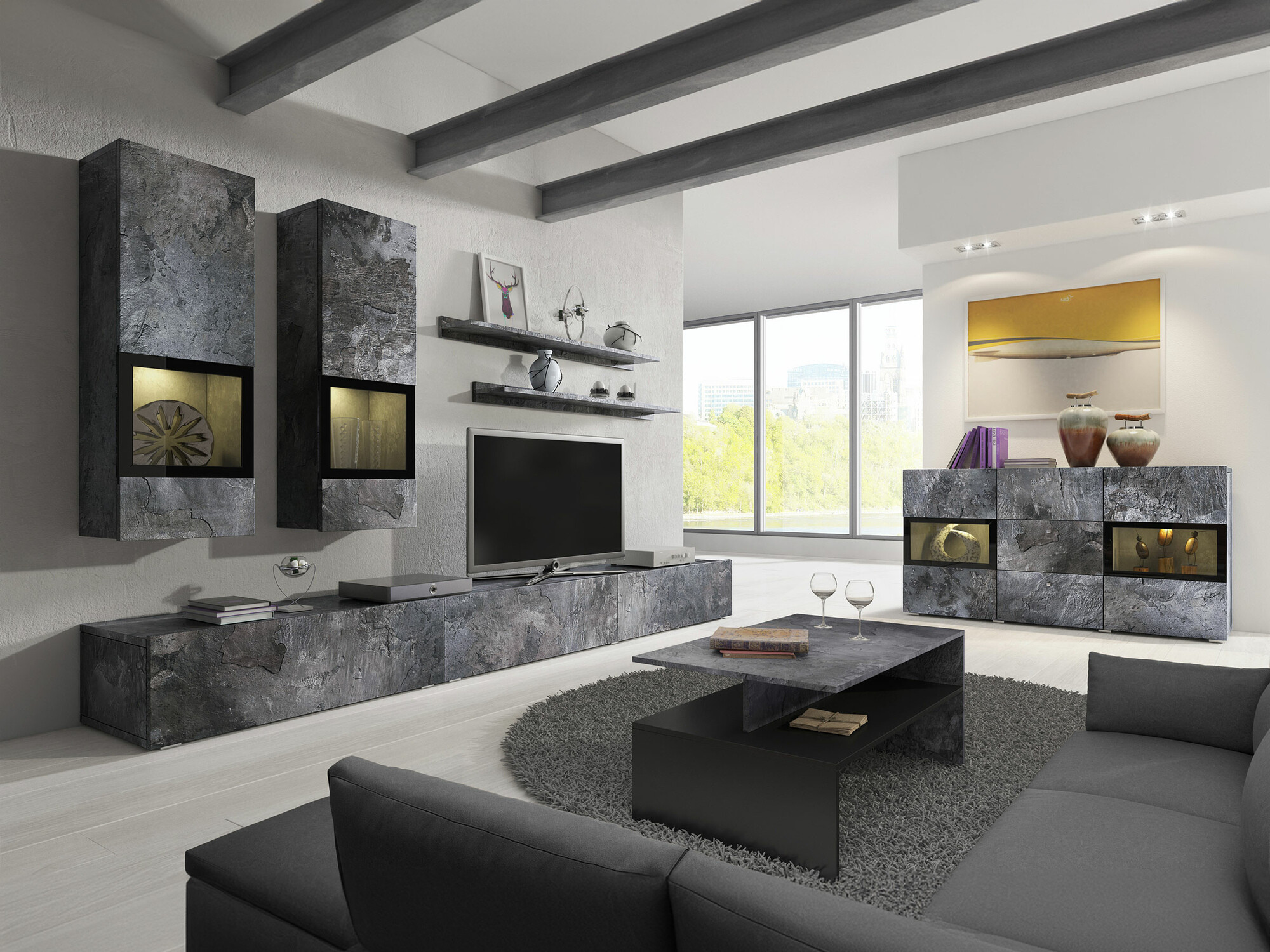 Σετ επίπλων σαλονιού Serodeu 104 (Σκούρο σκυρόδεμα)