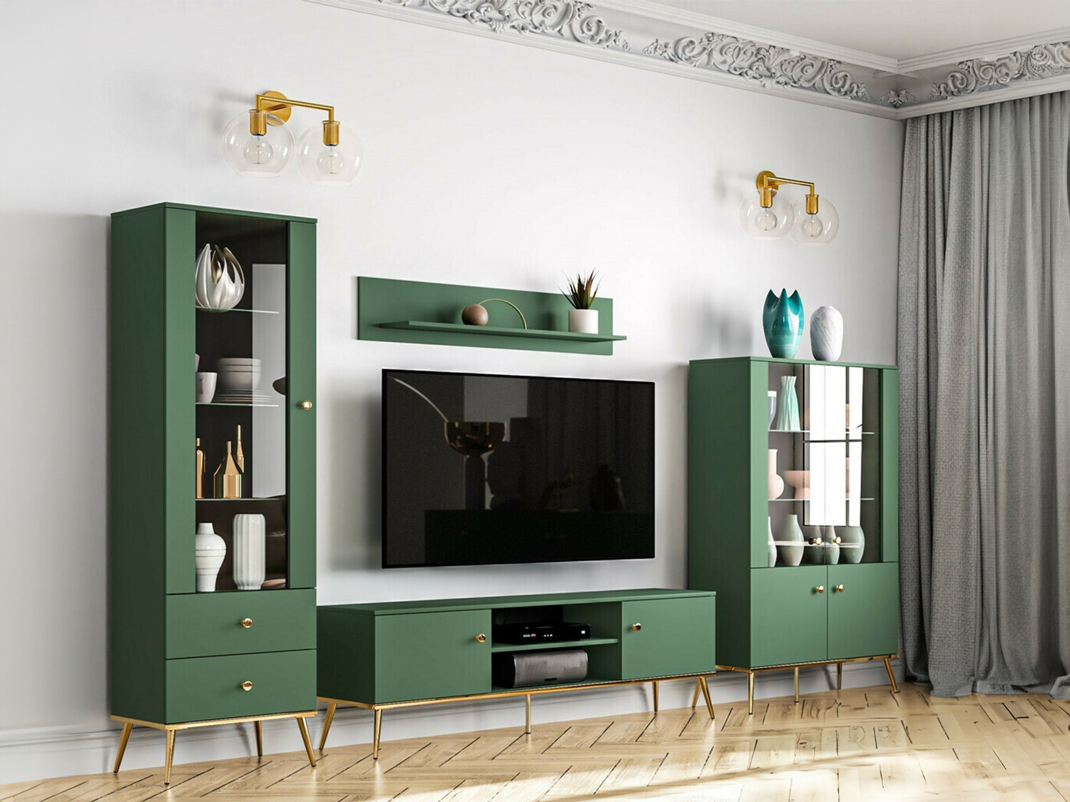 Σετ επίπλων σαλονιού Flonovu 110 (Σκούρο πράσινο + Χρυσό)