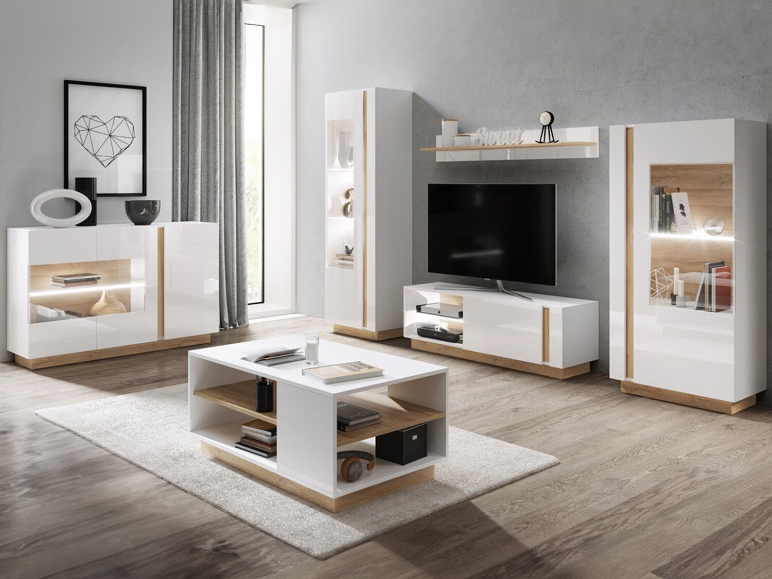 Living room set Novbela 113 (White + Glossy white + Grandson oak)