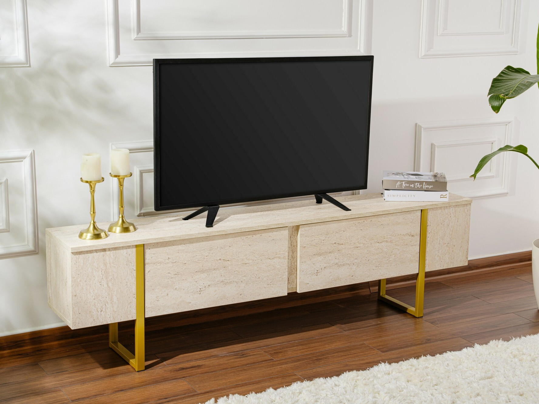TV stand Novato 105 (Light Travertine + Golden)