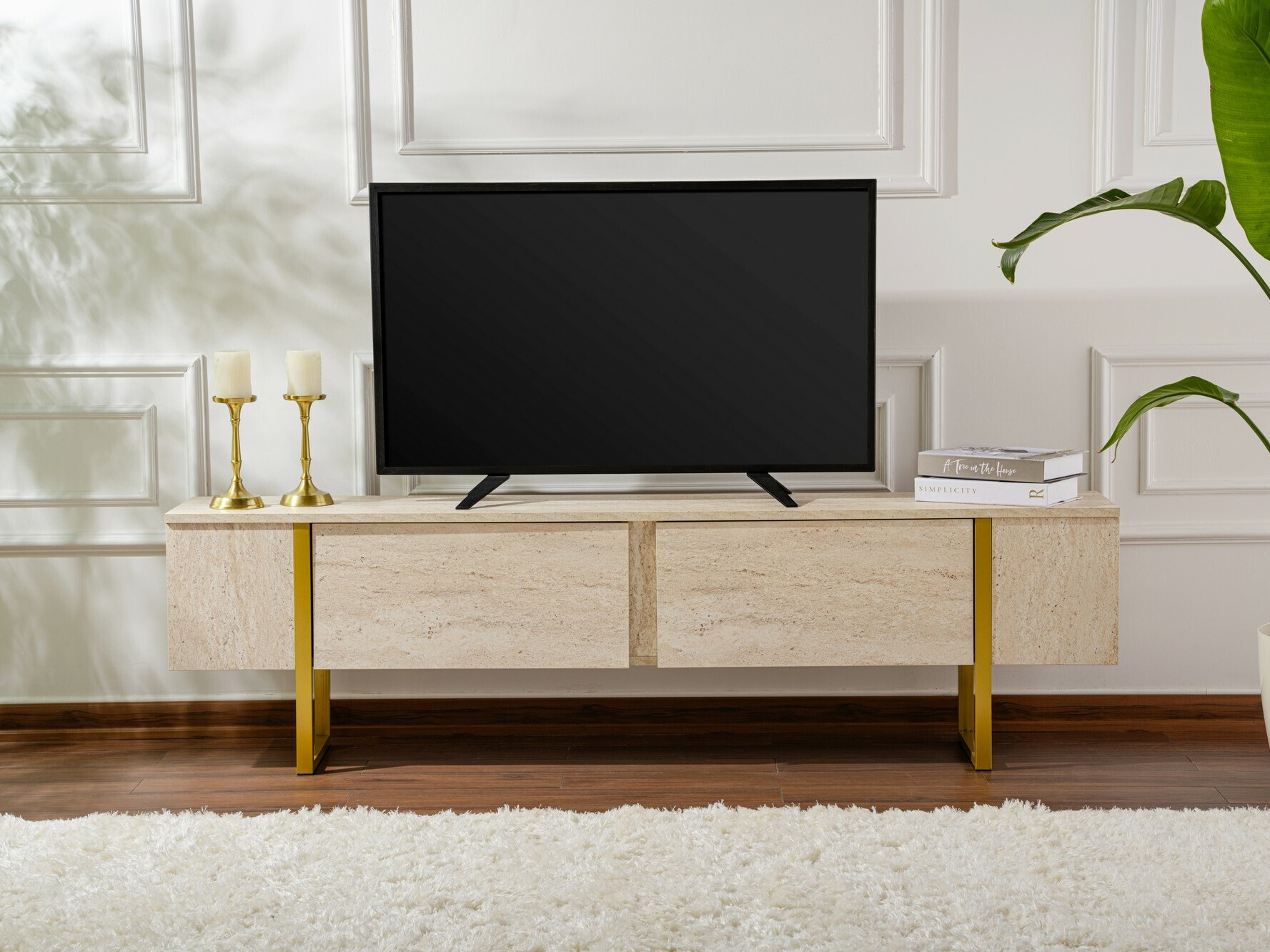 TV stand Novato 105 (Light Travertine + Golden)
