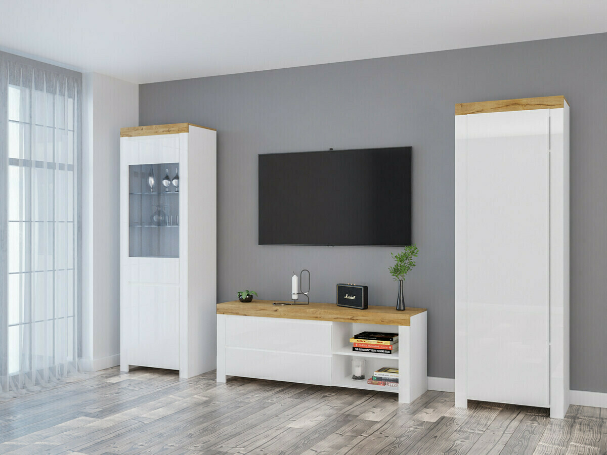 Bookcase Sonsoru 104 (White + Glossy white + Wotan Oak)