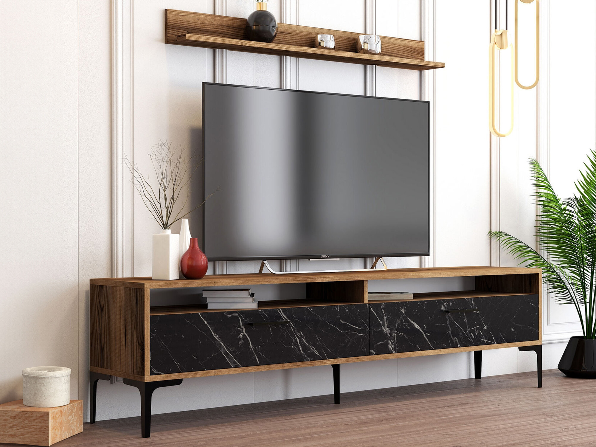 Σετ επίπλων σαλονιού Kailua 857 (Καρυδί + Μαύρο μάρμαρο)