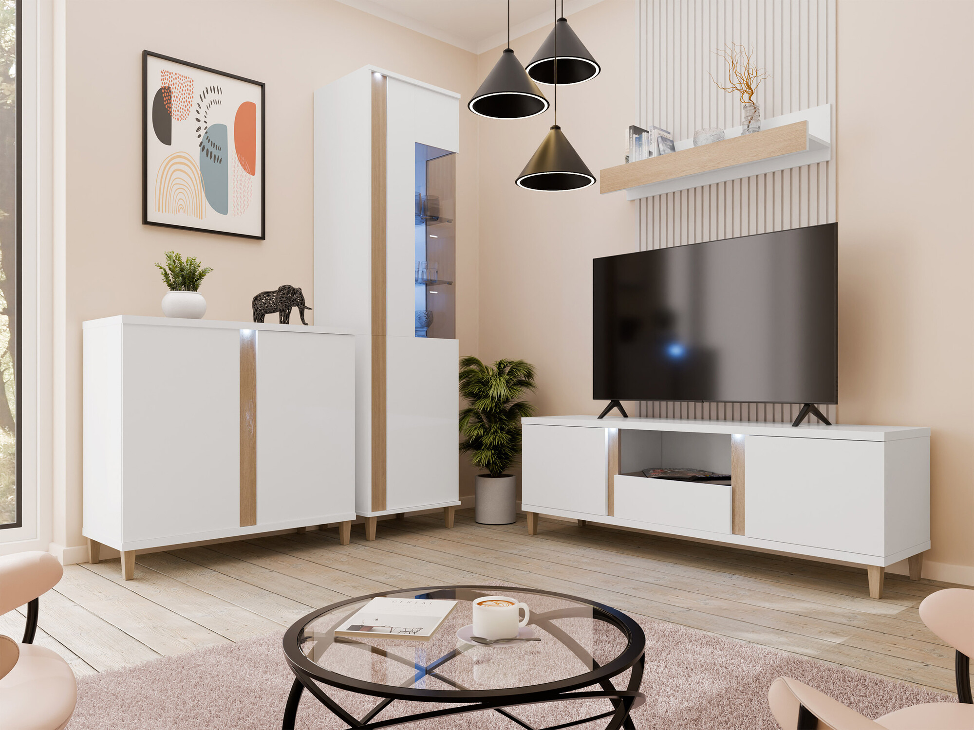Sideboard Florem II (White + Glossy white + Light wood)