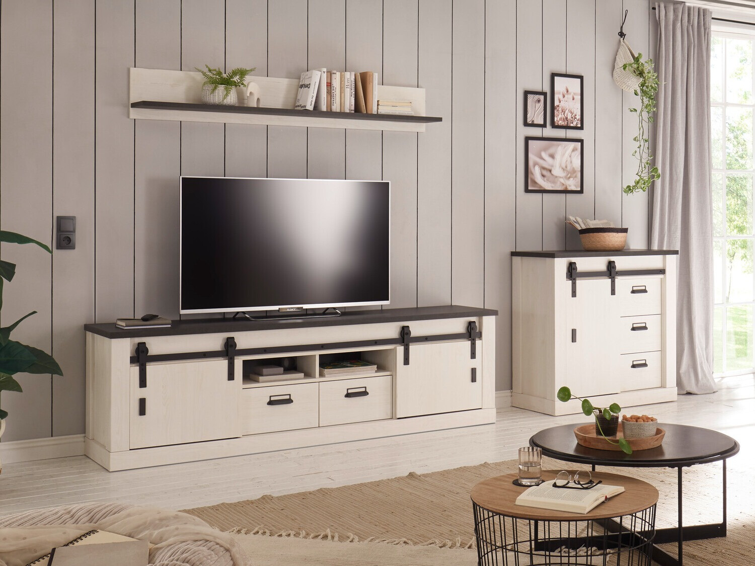 Σετ επίπλων σαλονιού Cirtale 132 (Λευκασμένο πεύκο + Ανθρακί)