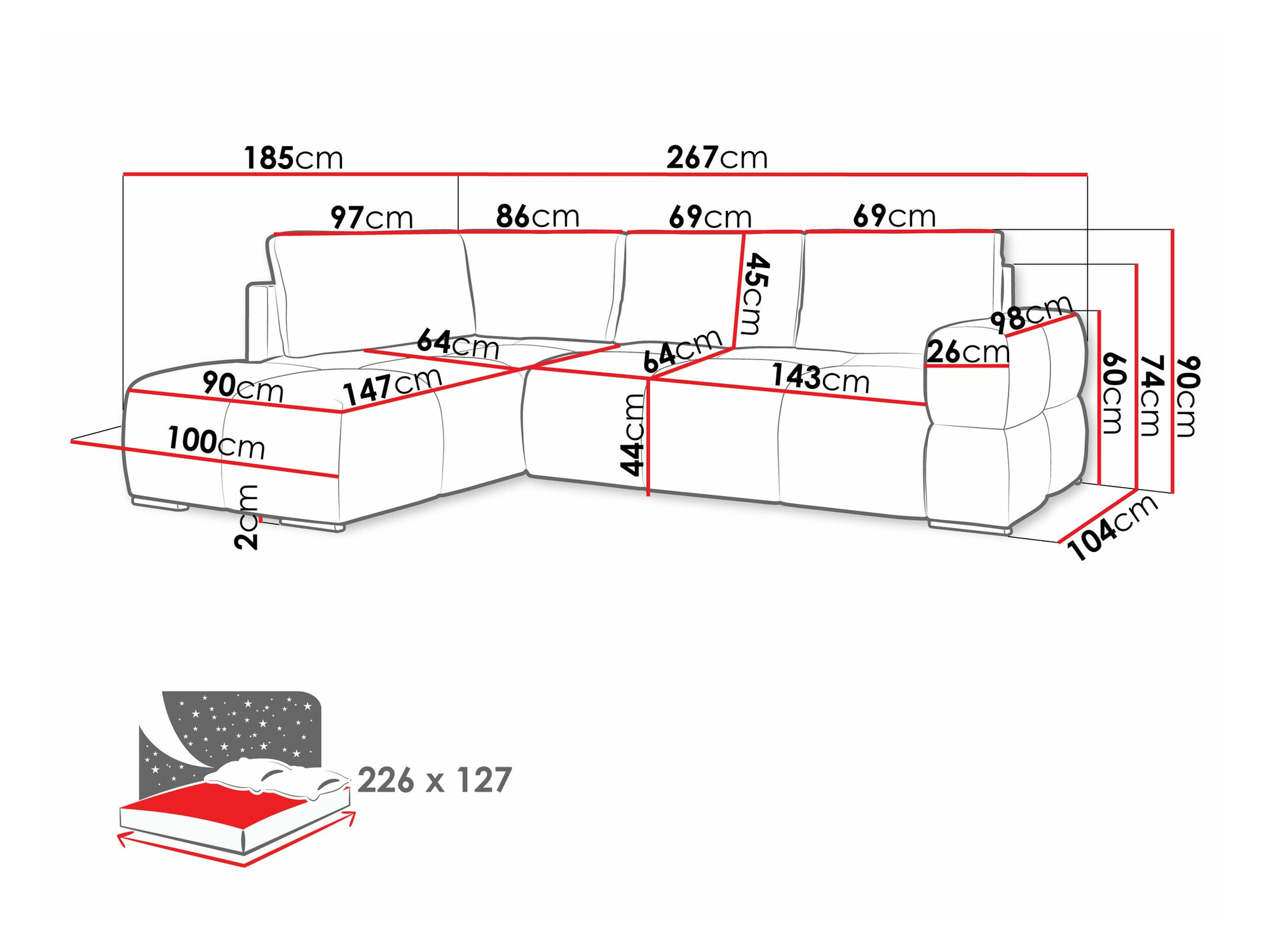 Γωνιακός Καναπές Lincoln 198 (Artico Ανθρακί)