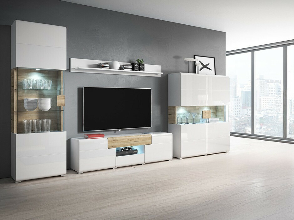 Σετ επίπλων σαλονιού Torsone 104 (Άσπρο + Γυαλιστερό λευκό + San remo δρυς)