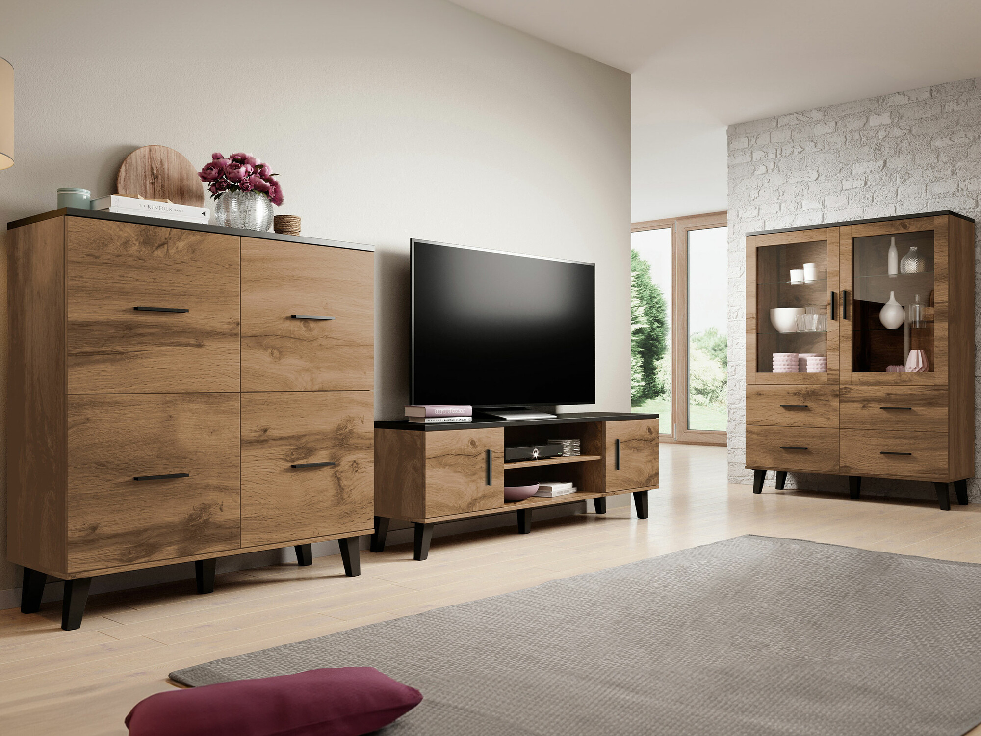 Σετ επίπλων σαλονιού Larfloi 113 (Δρυς wotan + Μαύρο)