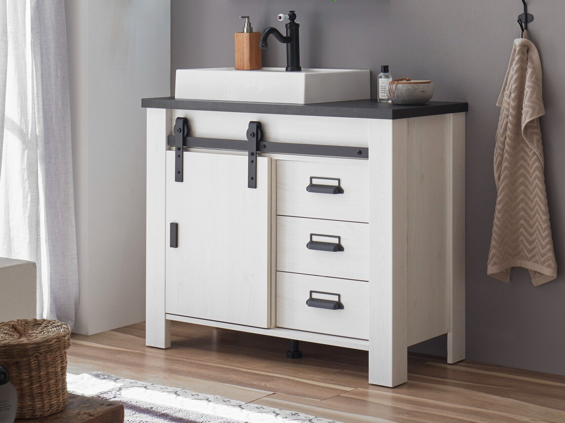 Όρθιο ντουλάπι νιπτήρα μπάνιου Cirtale 133 (Λευκασμένο πεύκο + Ανθρακί)