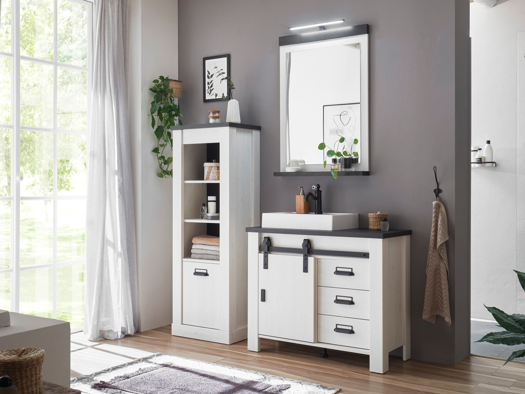 Όρθιο ντουλάπι νιπτήρα μπάνιου Cirtale 133 (Λευκασμένο πεύκο + Ανθρακί)