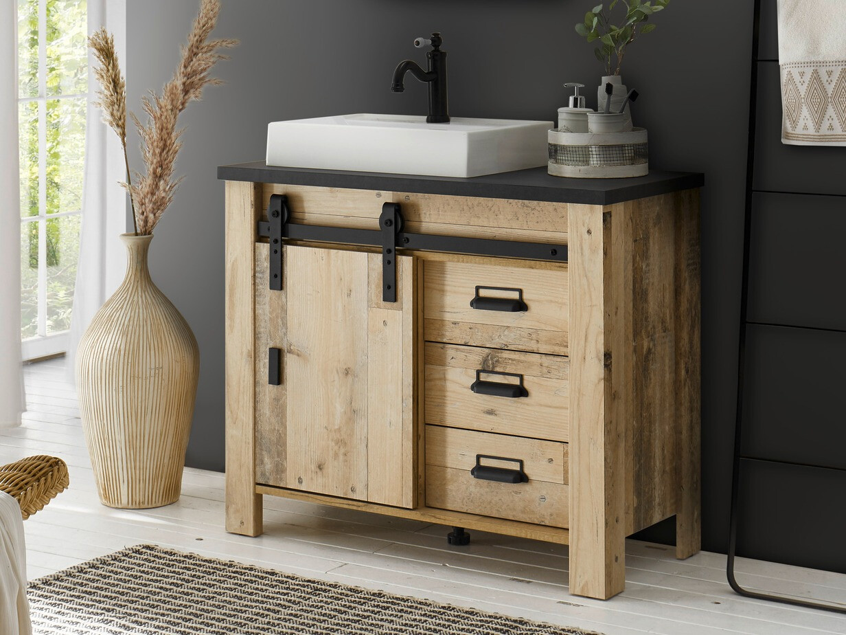 Όρθιο ντουλάπι νιπτήρα μπάνιου Cirtale 133 (Παλαιωμένο χρώμα ξύλου + Ανθρακί)