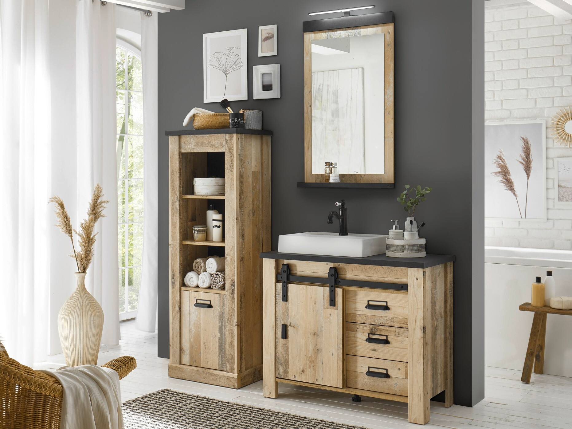 Όρθιο ντουλάπι νιπτήρα μπάνιου Cirtale 133 (Παλαιωμένο χρώμα ξύλου + Ανθρακί)