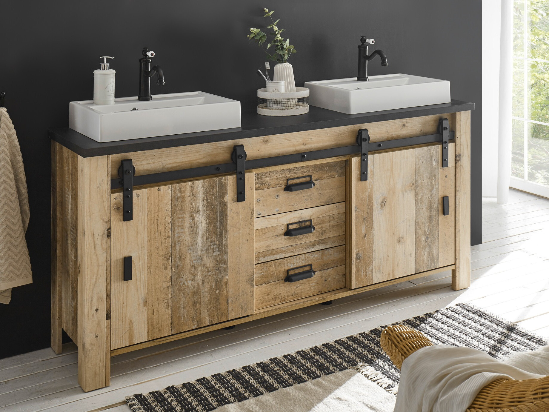 Όρθιο ντουλάπι νιπτήρα μπάνιου Cirtale 134 (Παλαιωμένο χρώμα ξύλου + Ανθρακί)