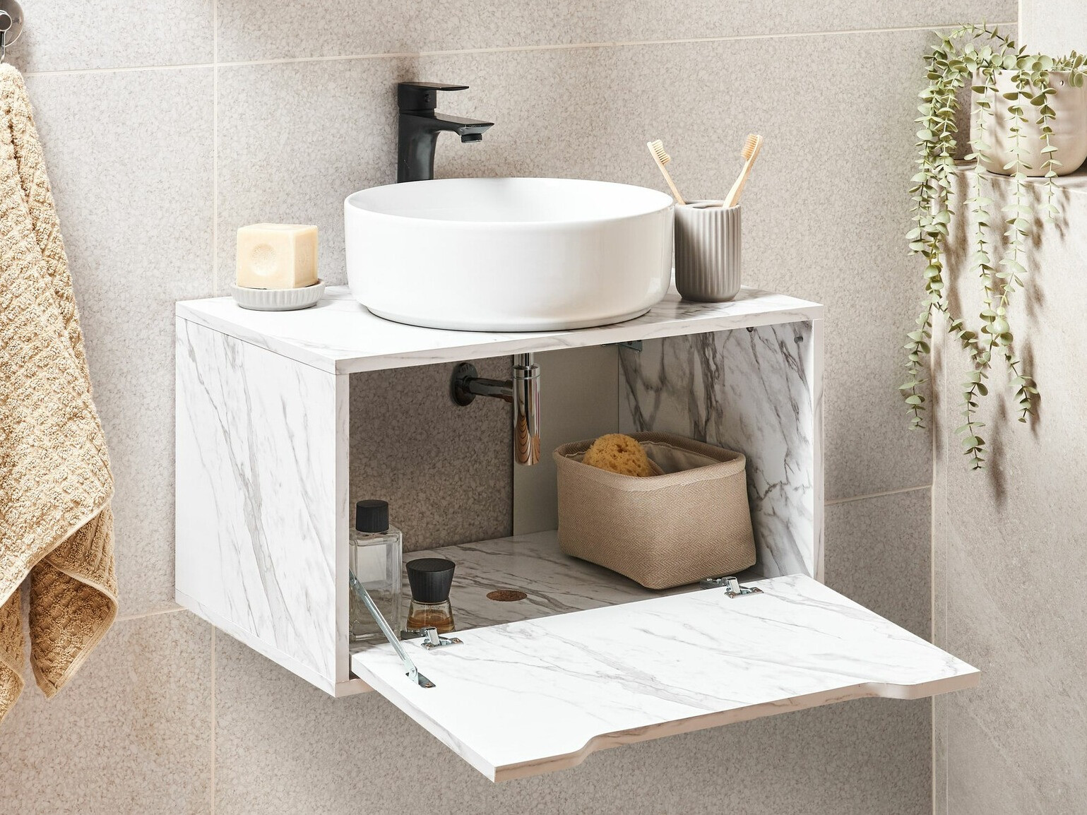 Wall-mounted bathroom cabinet for washbasin Berwyn 2644 (White marble)