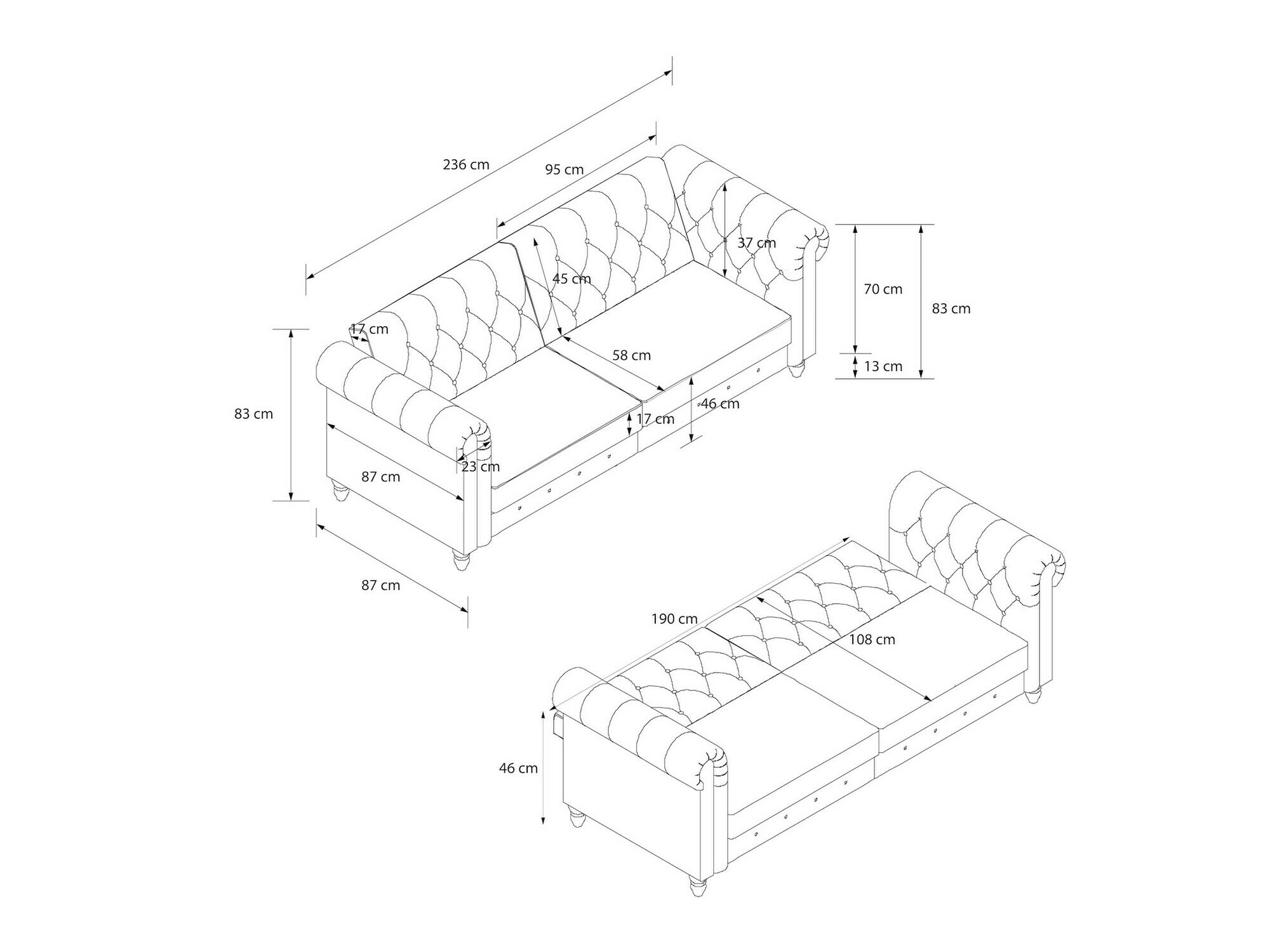 English-style sofa Tulsa 217 (Dark brown)