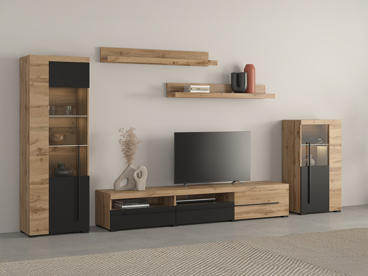 Σετ επίπλων σαλονιού Sorciro 103 (Μαύρο + Δρυς wotan)