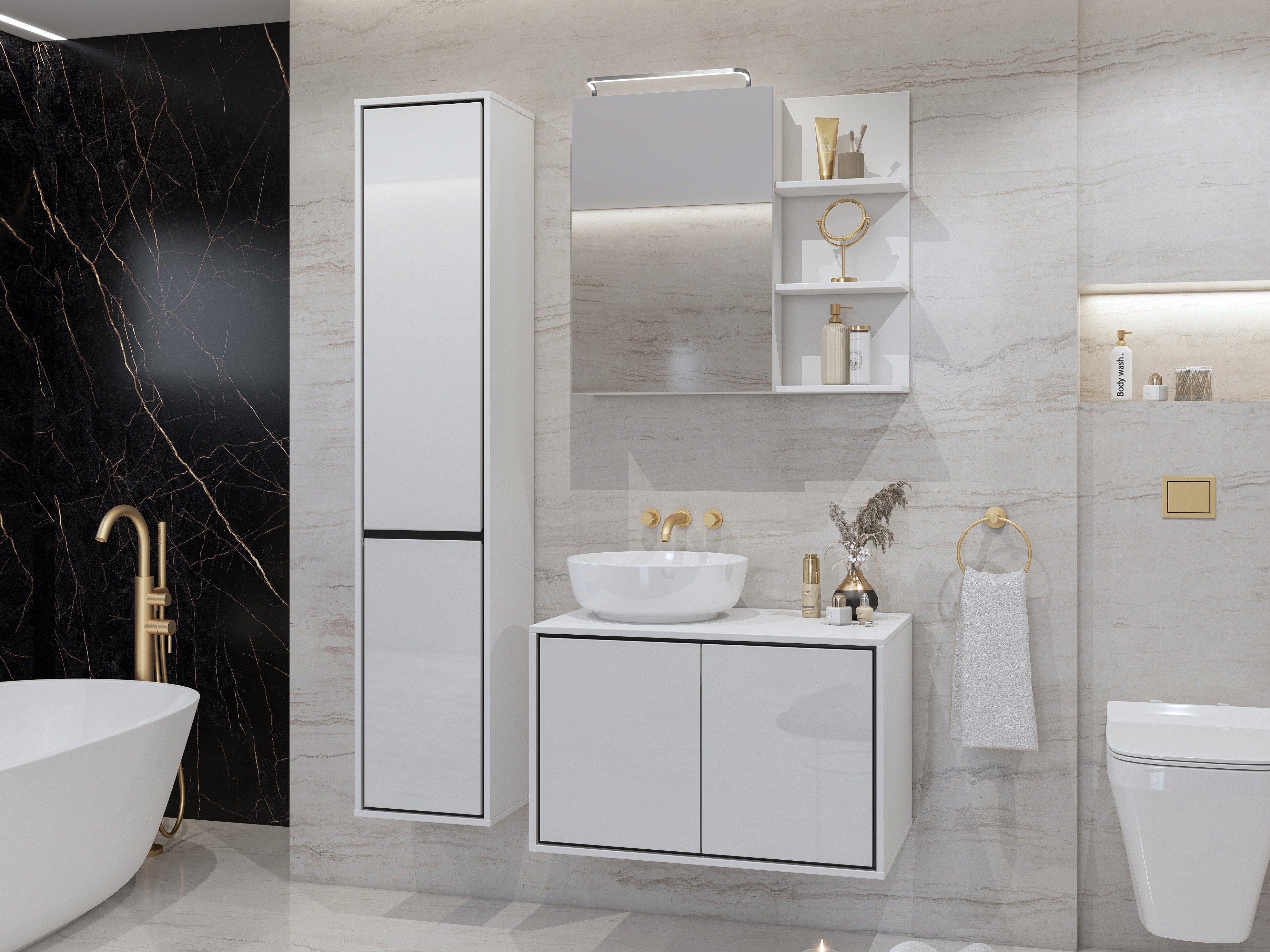 Όρθιο ντουλάπι μπάνιου Tecavu 101 (Γυαλιστερό λευκό + Άσπρο)