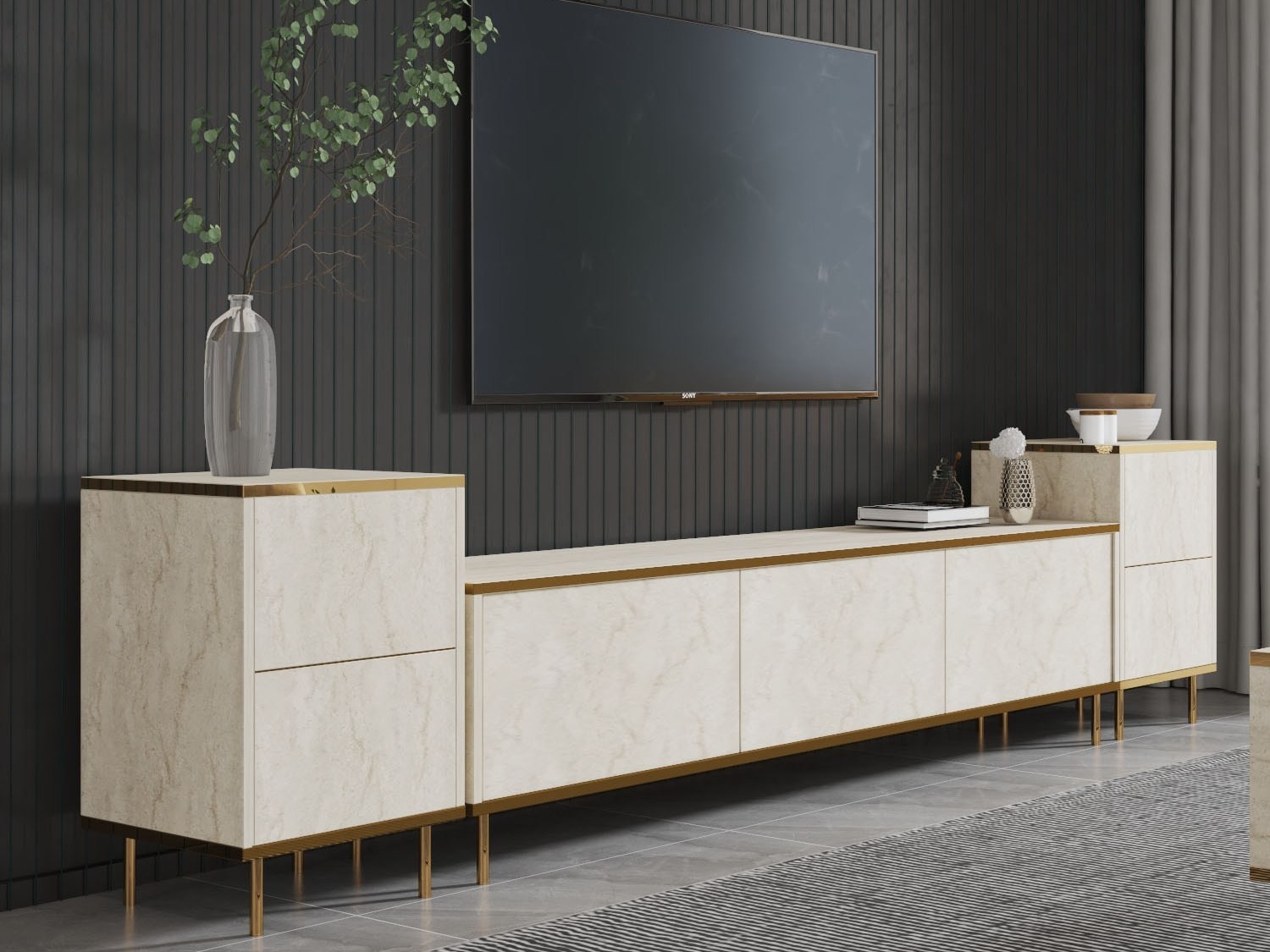 TV stand Kailua 2574 (Light Travertine + Golden)
