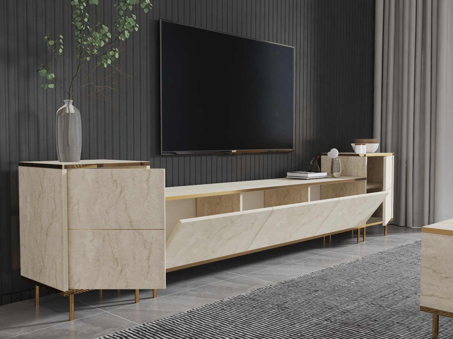TV stand Kailua 2574 (Light Travertine + Golden)