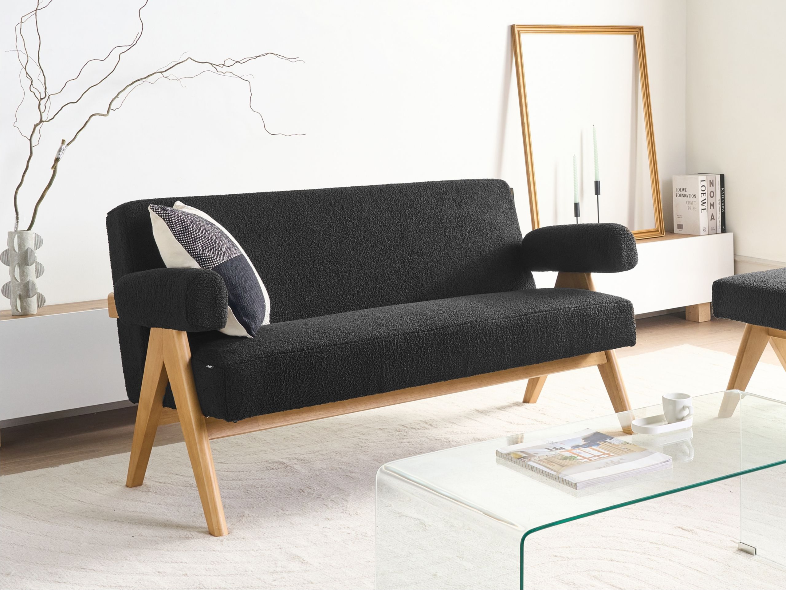 Ταμπουρέ Berwyn 2713 (Μαύρο + Ανοιχτό χρώμα ξύλου)