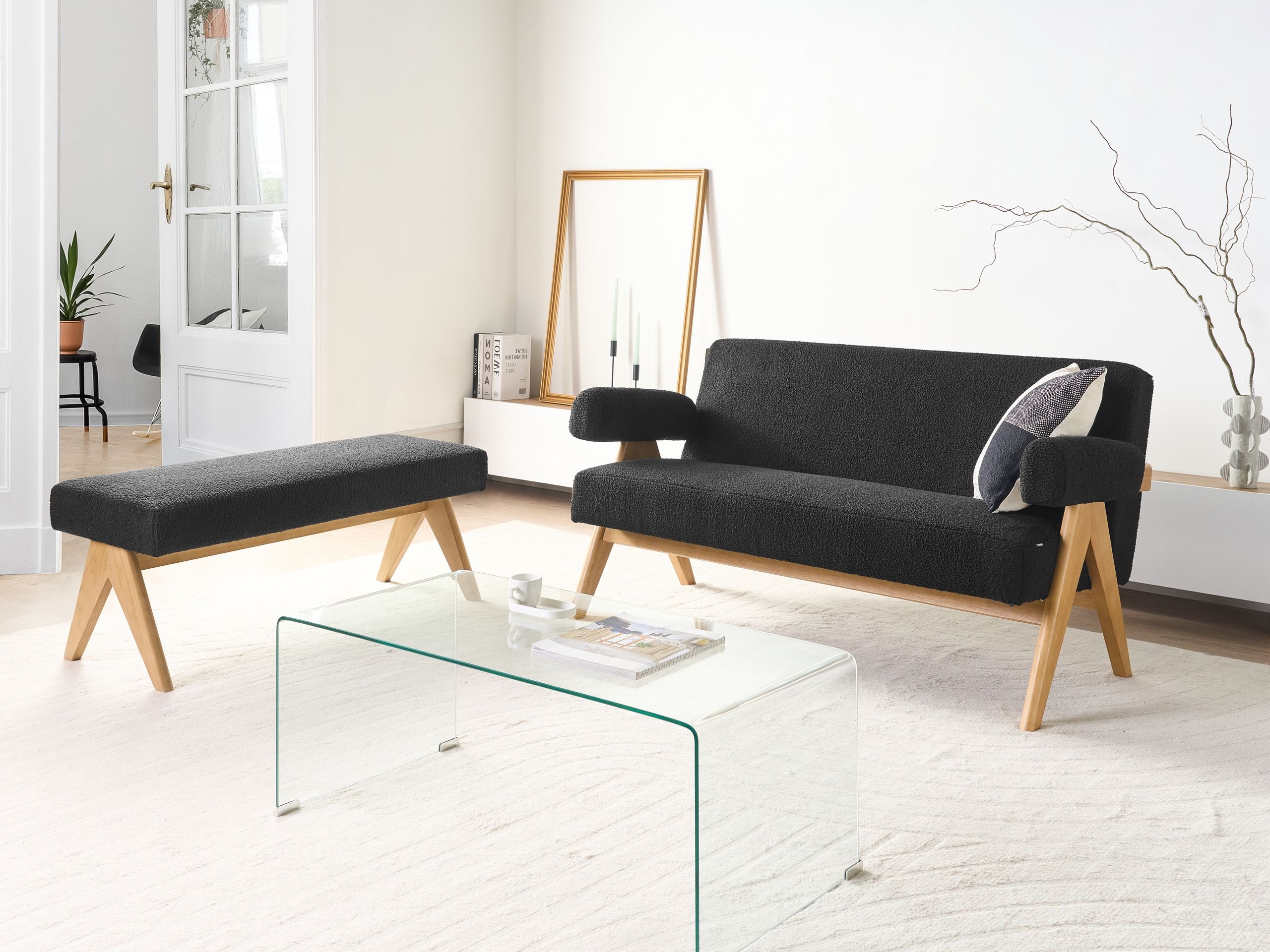 Ταμπουρέ Berwyn 2713 (Μαύρο + Ανοιχτό χρώμα ξύλου)