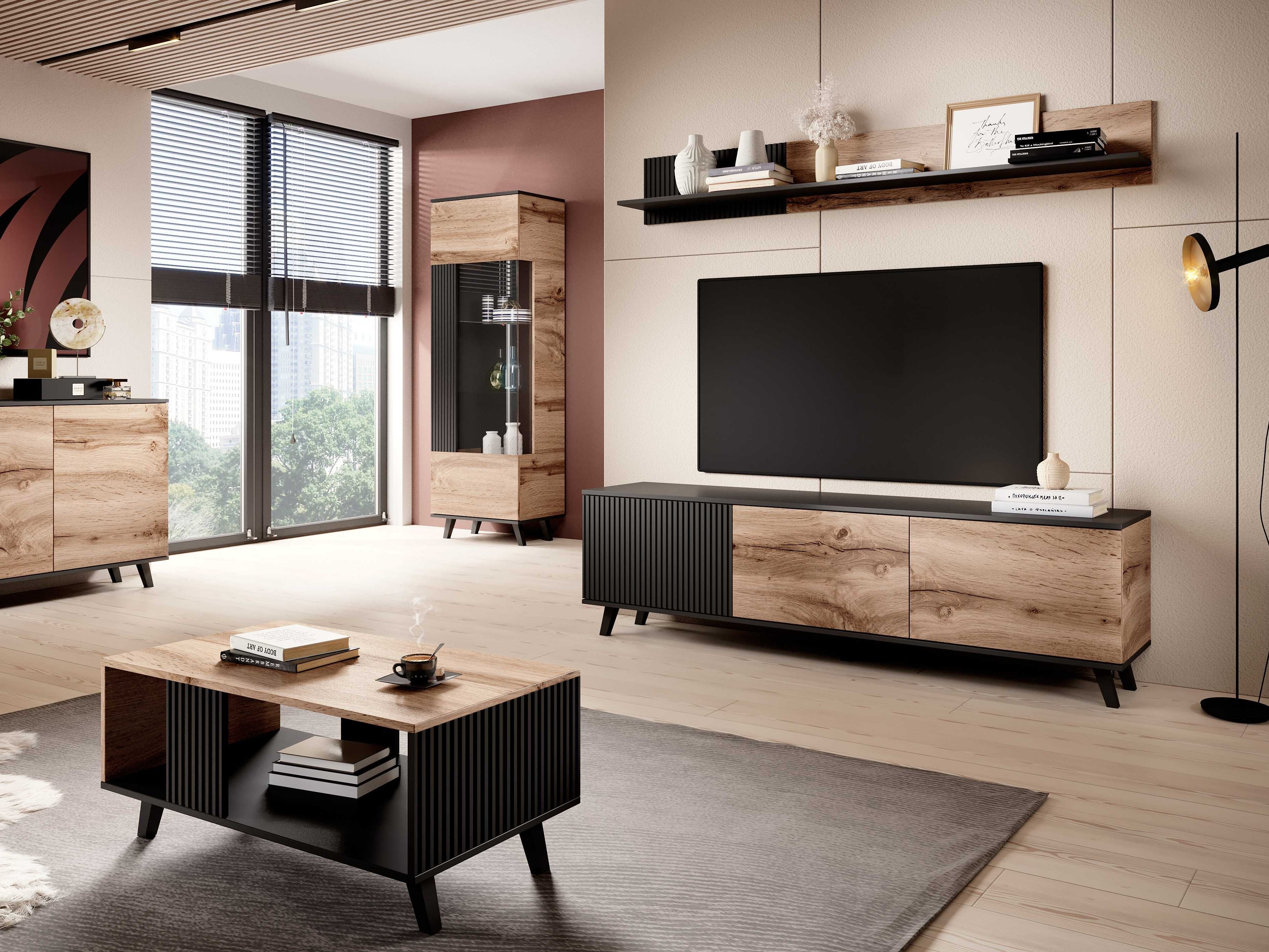 Wall shelf Luelia 122 (Black + Wotan Oak)