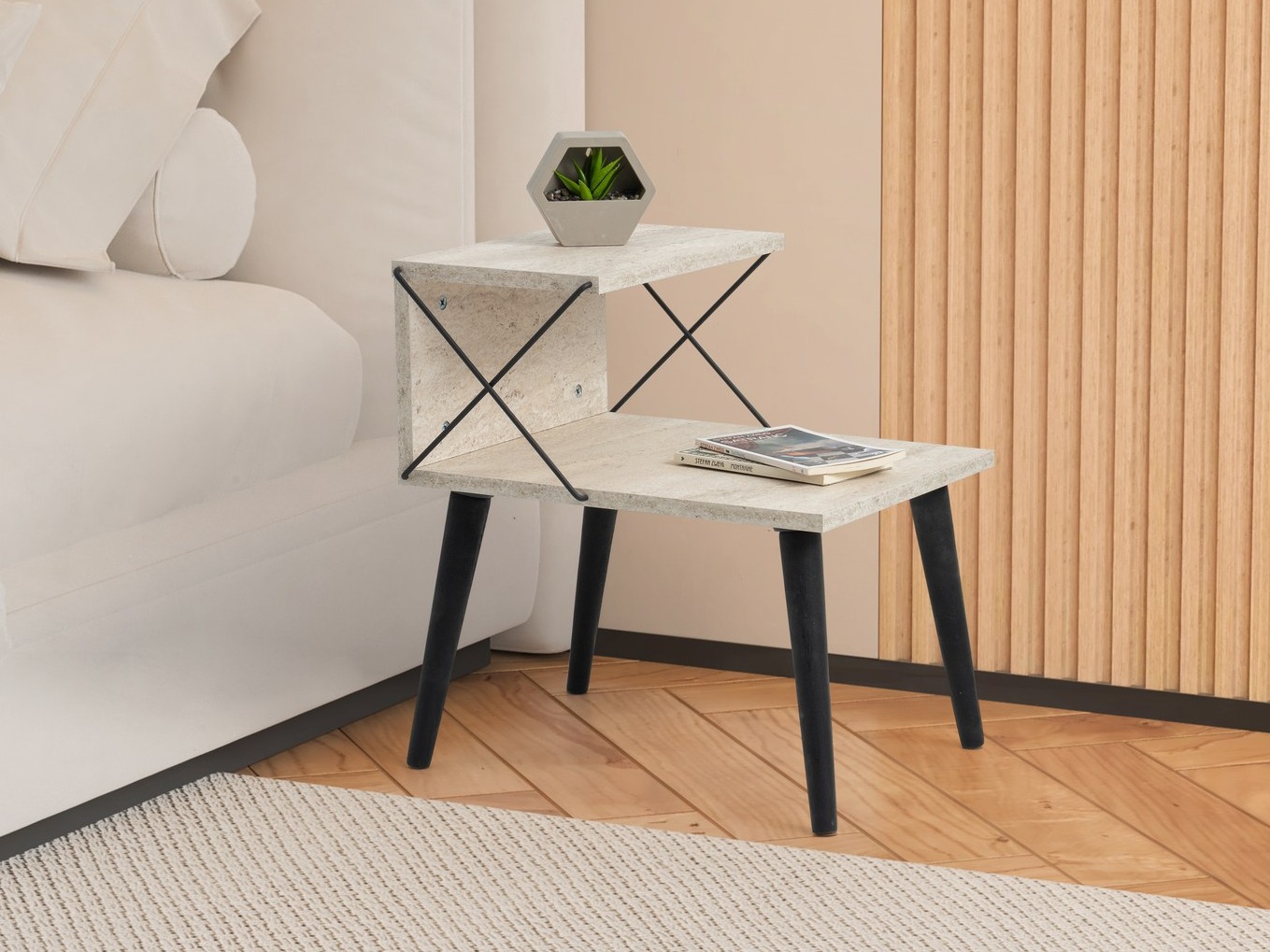 Bedside table Kailua 368 (Light travertine + Black)