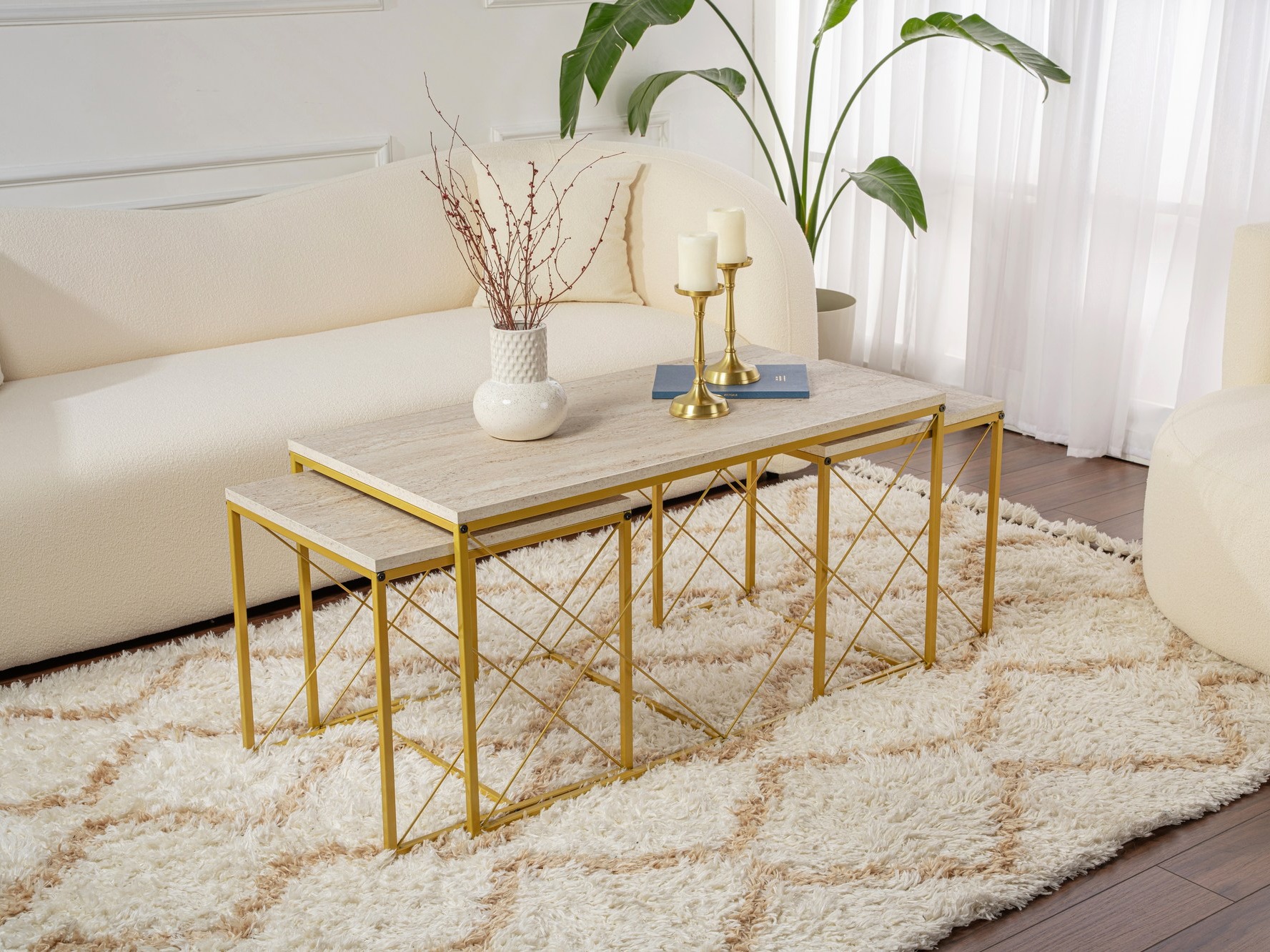 Σετ τραπεζιών σαλονιού Kailua 2619 (Ανοιχτόχρωμη τραβερτίνη + Χρυσό)