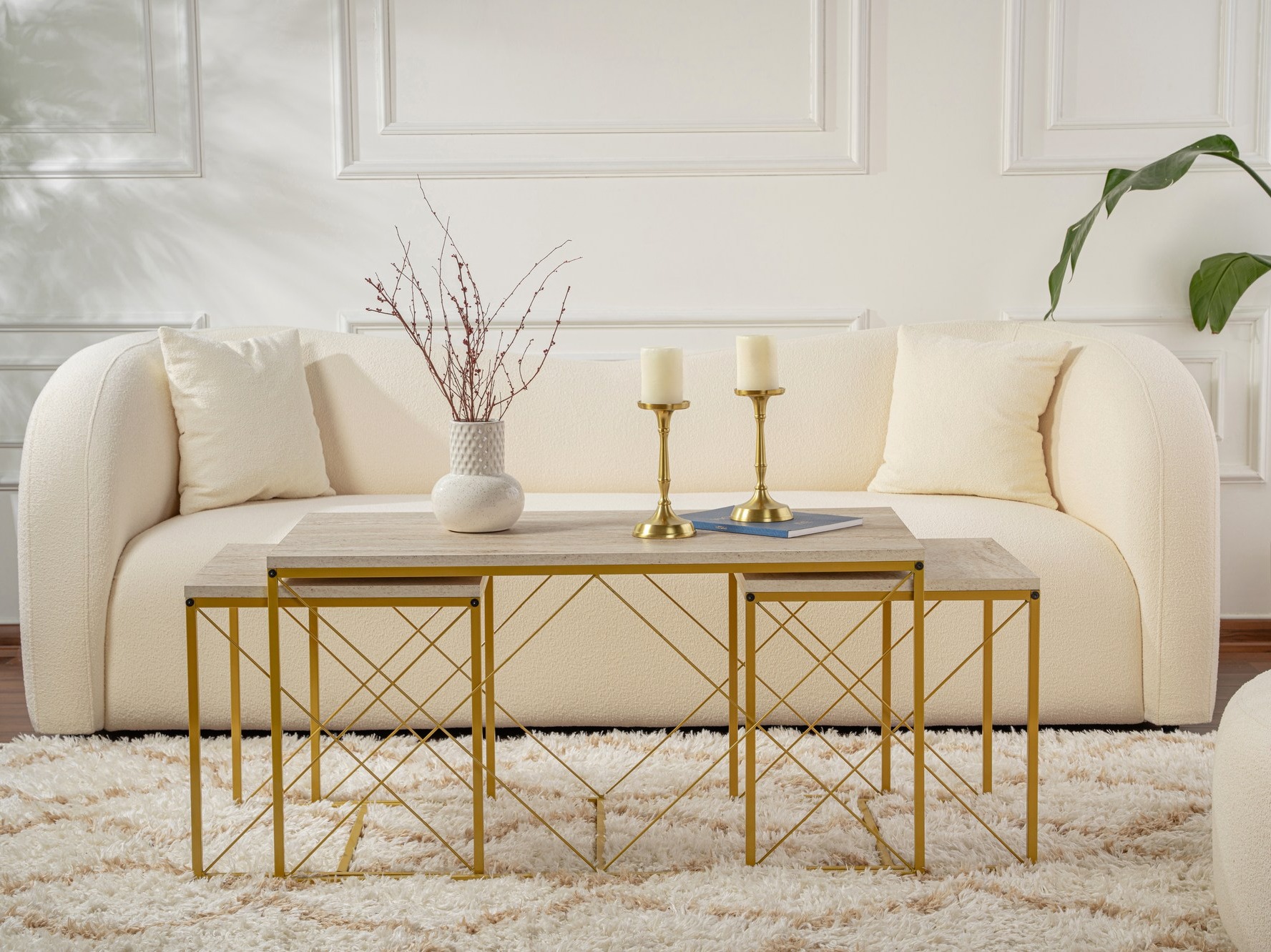 Σετ τραπεζιών σαλονιού Kailua 2619 (Ανοιχτόχρωμη τραβερτίνη + Χρυσό)