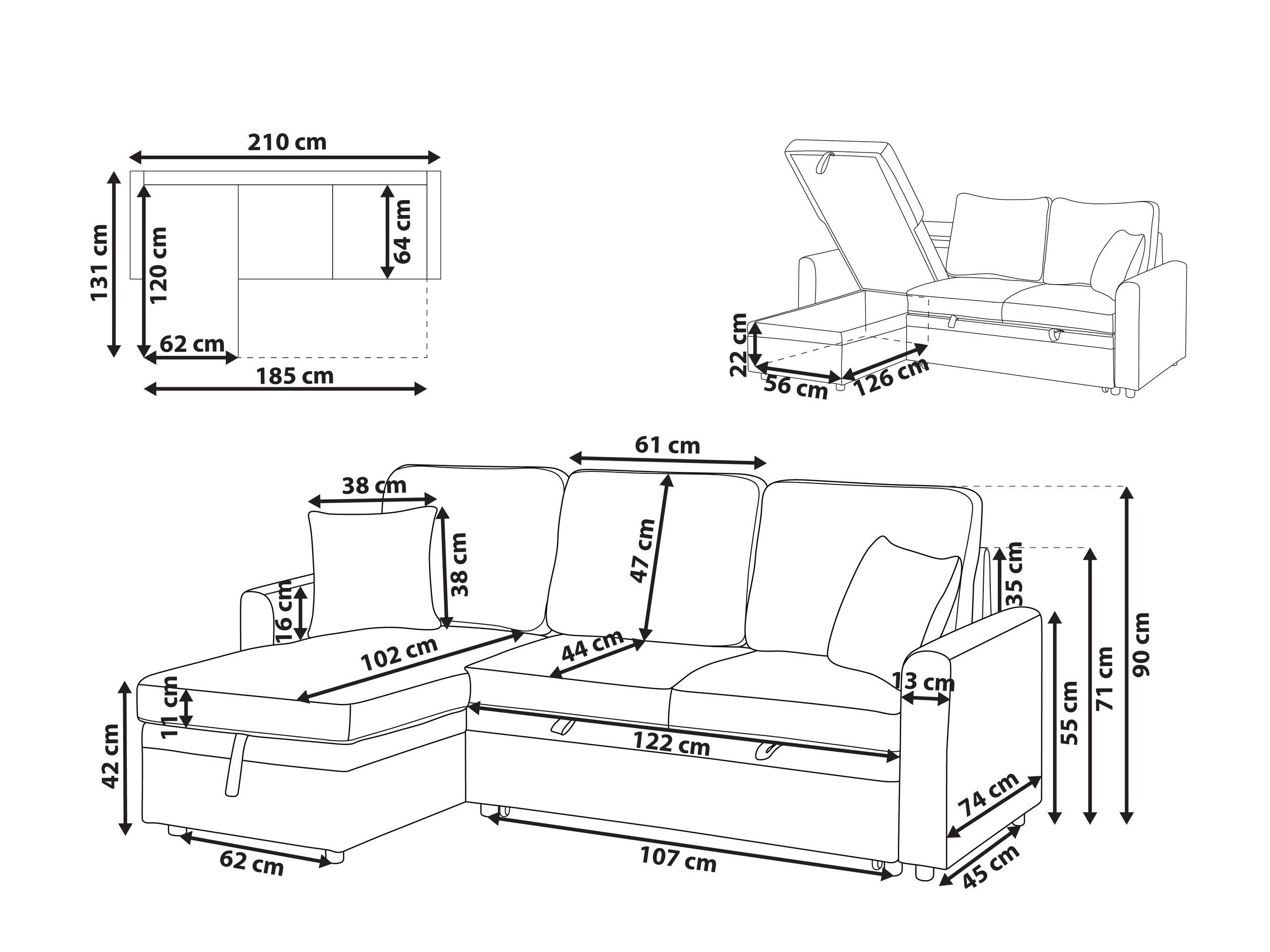 Γωνιακός Καναπές Berwyn 2805 (Μαύρο)