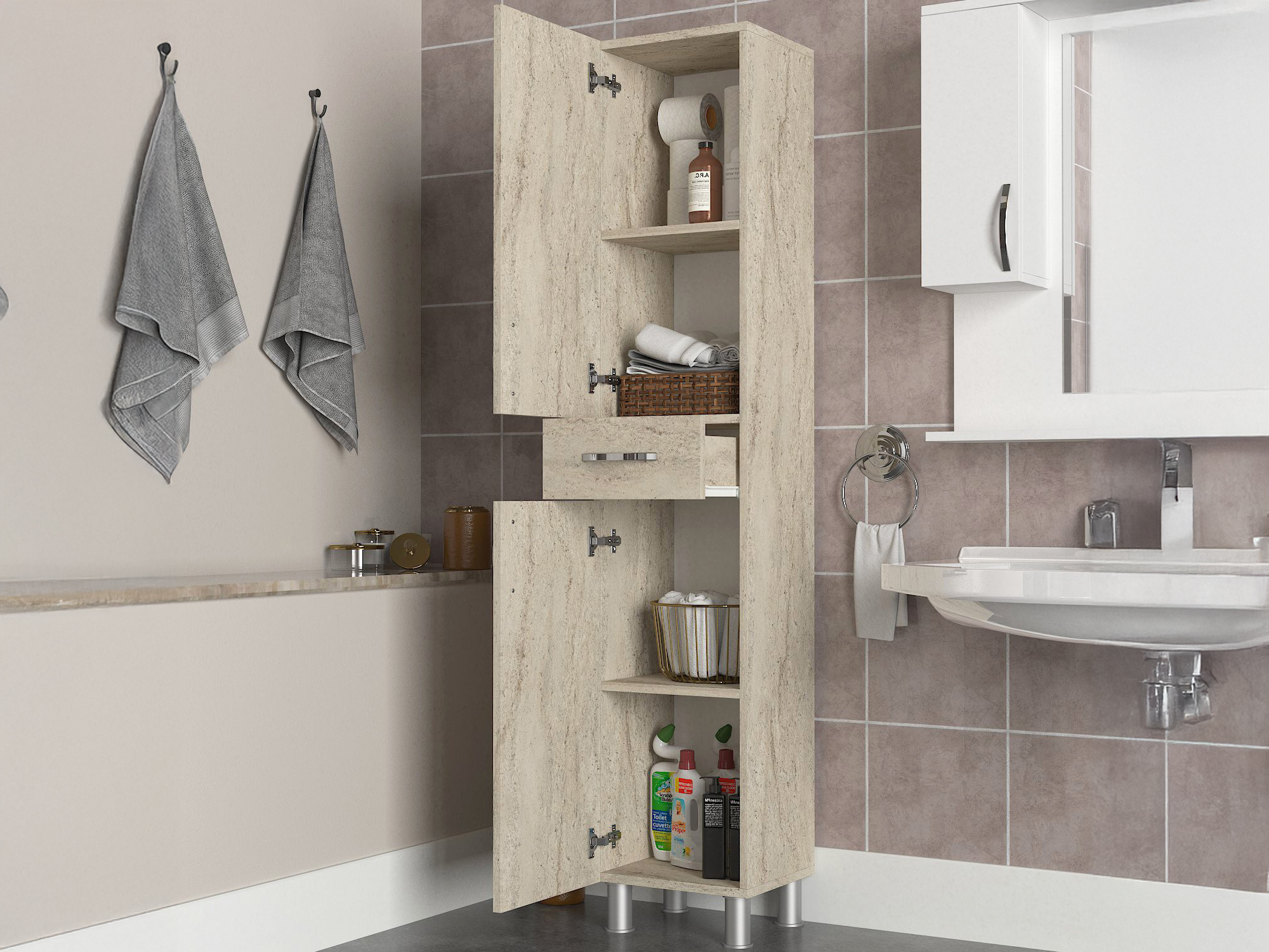 Όρθιο ντουλάπι μπάνιου Kailua 2657 (Ανοιχτό Travertine)