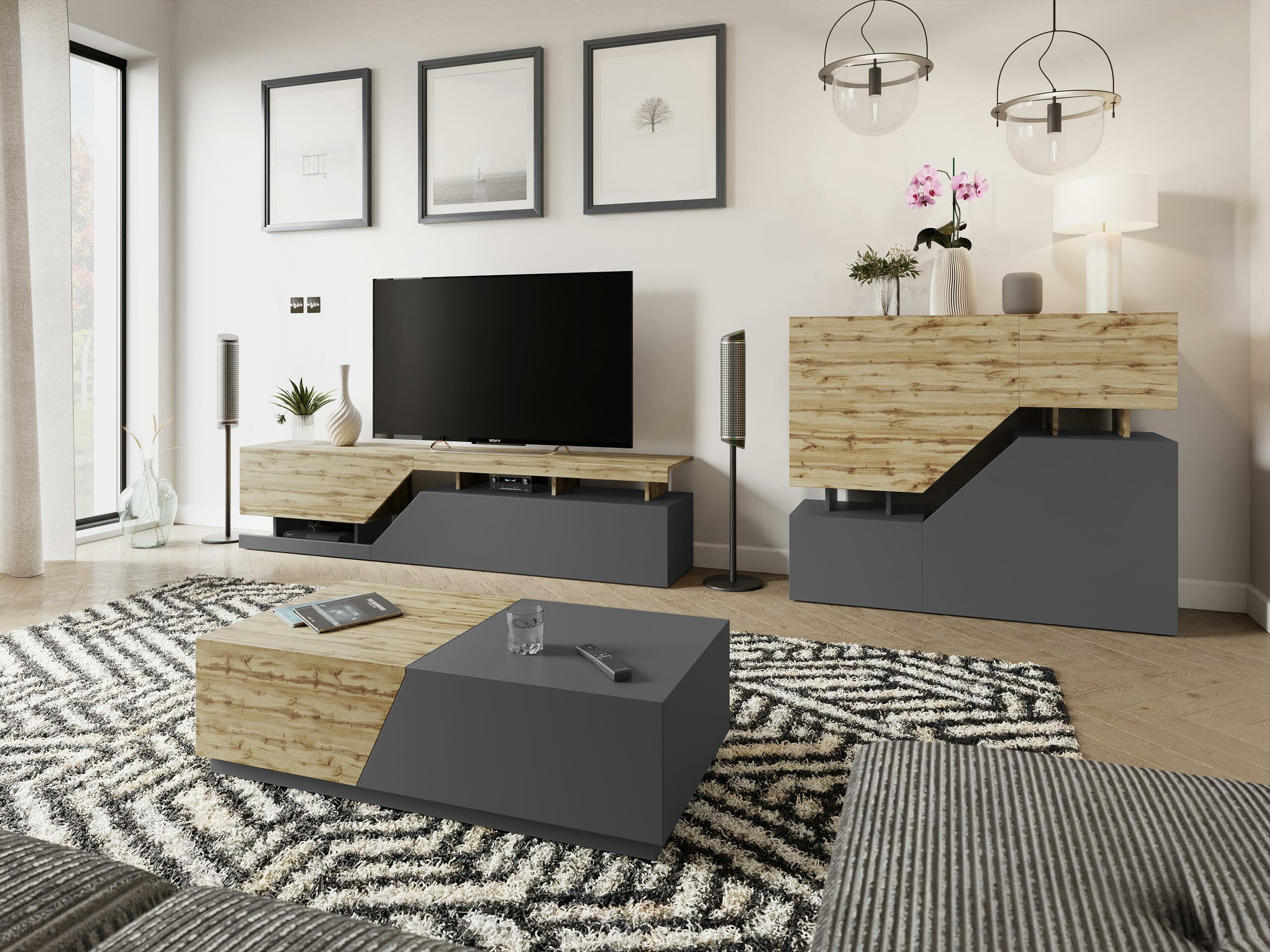 Living room set Comfivo Daldune II (Anthracite + Wotan Oak)