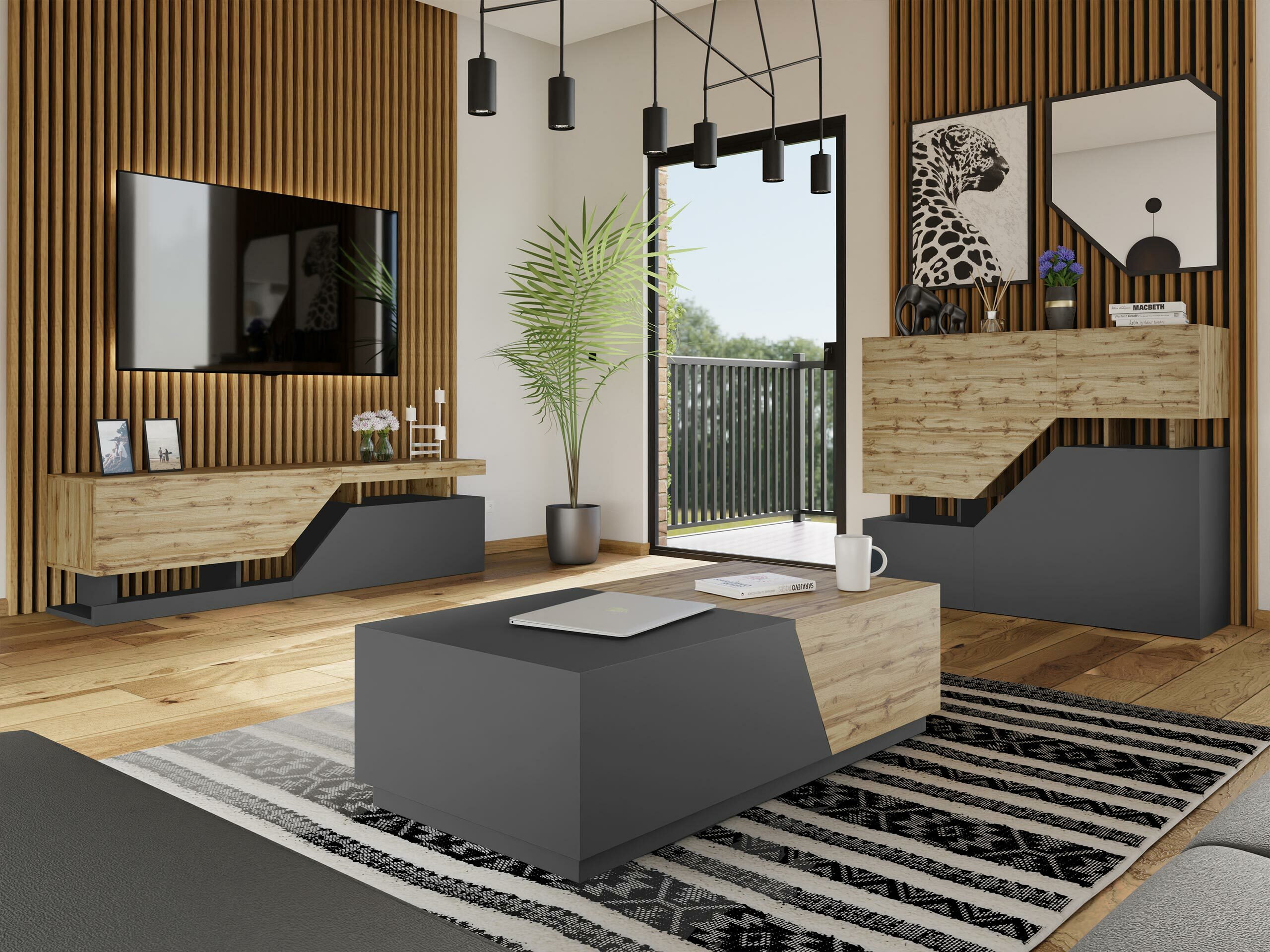 Σετ επίπλων σαλονιού Comfivo Daldune 103 (Δρυς wotan + Ανθρακί)