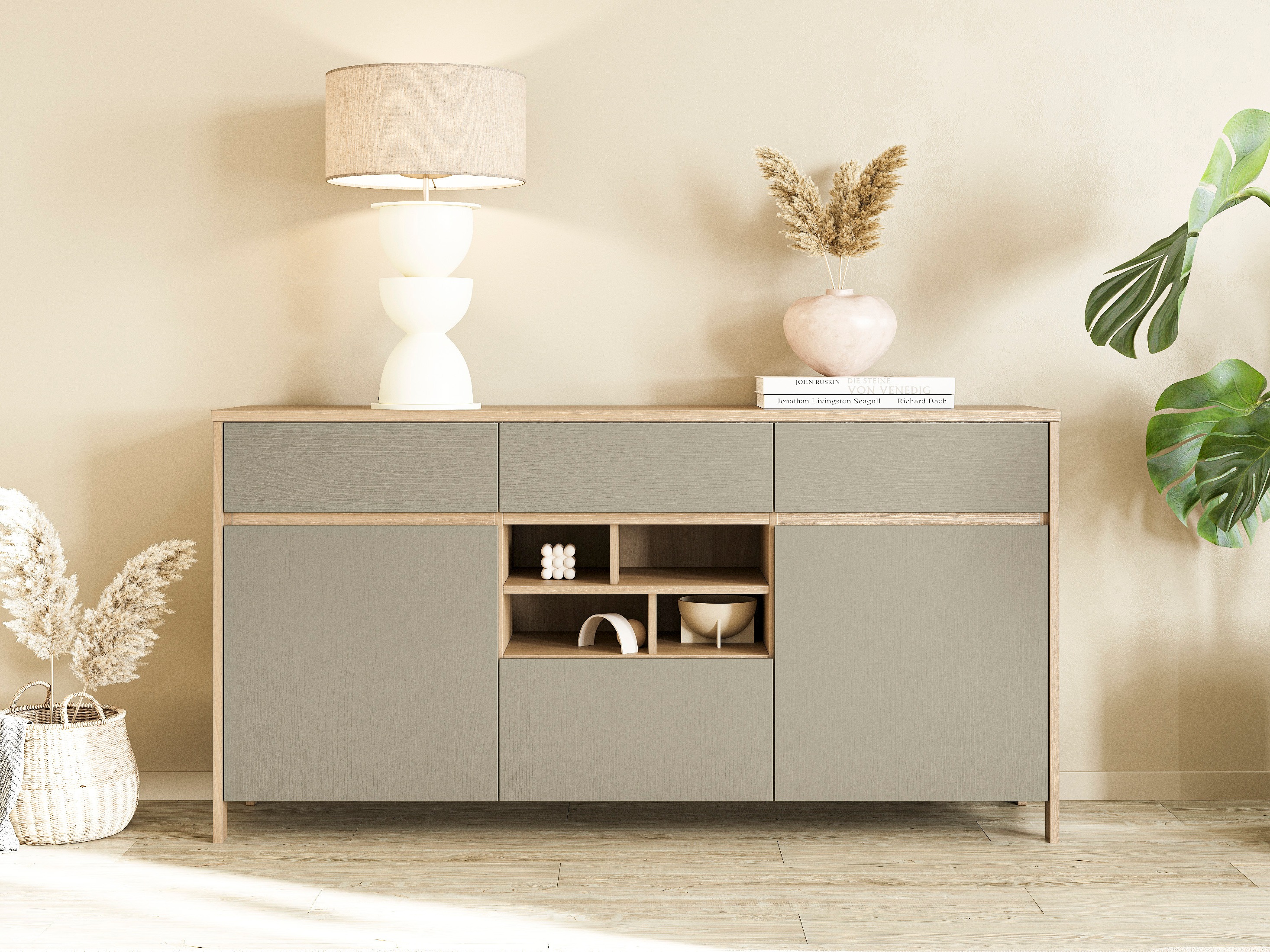 Chest of drawers Fermaru 104 (Dusty green + Oak)