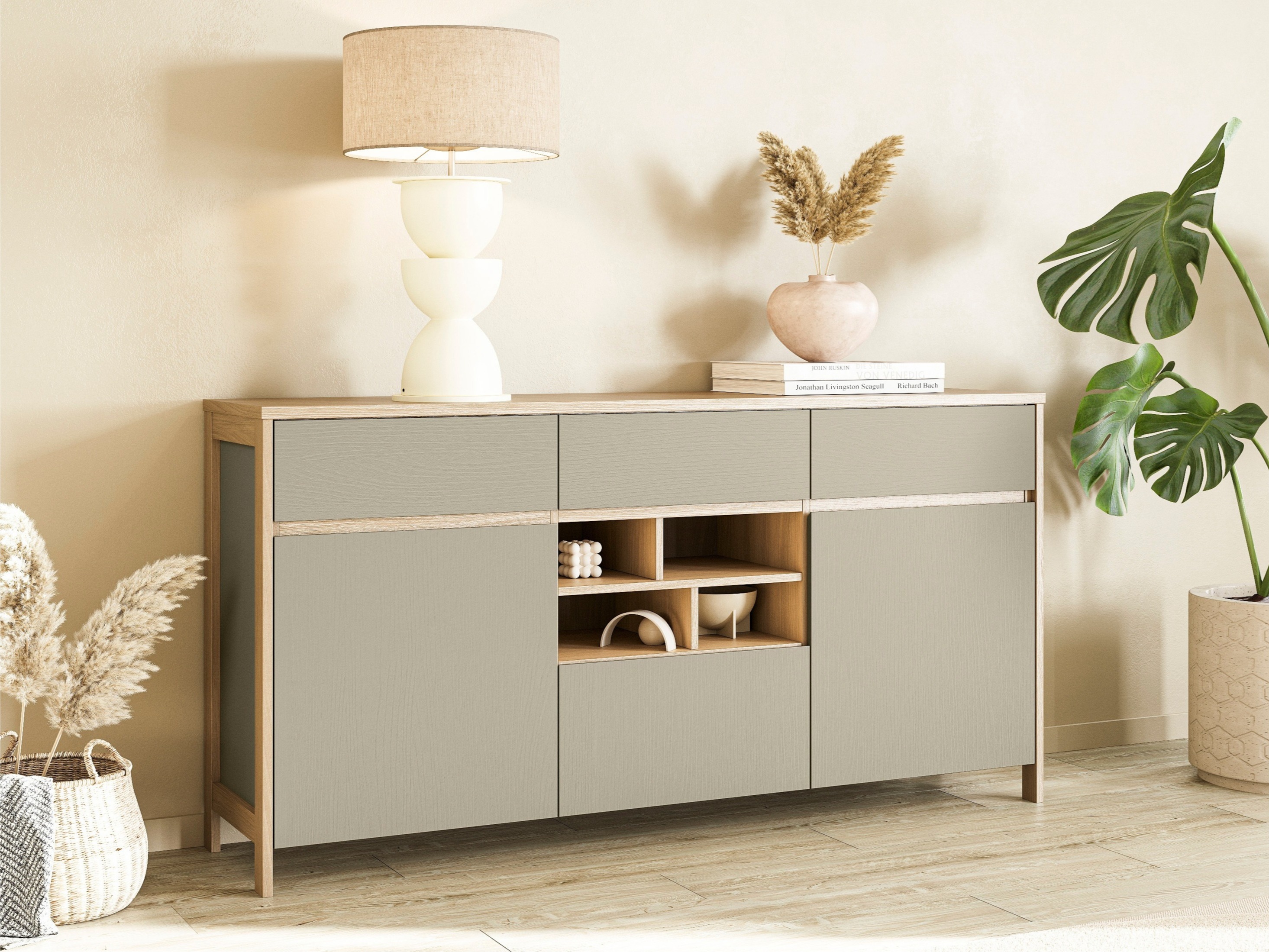 Chest of drawers Fermaru 104 (Dusty green + Oak)
