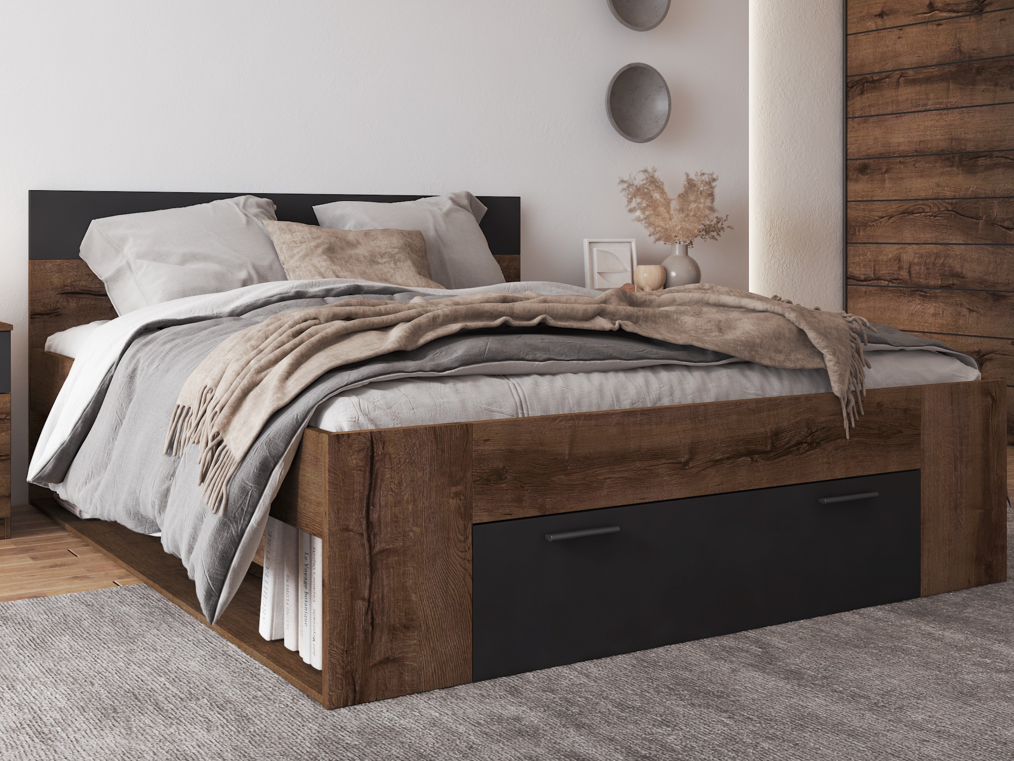 Κρεβάτι Melvele 108 (Monastery δρυς + Μαύρο)