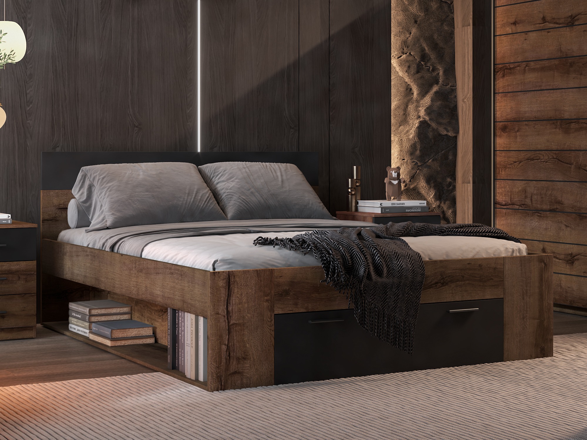 Κρεβάτι Melvele 108 (Monastery δρυς + Μαύρο)